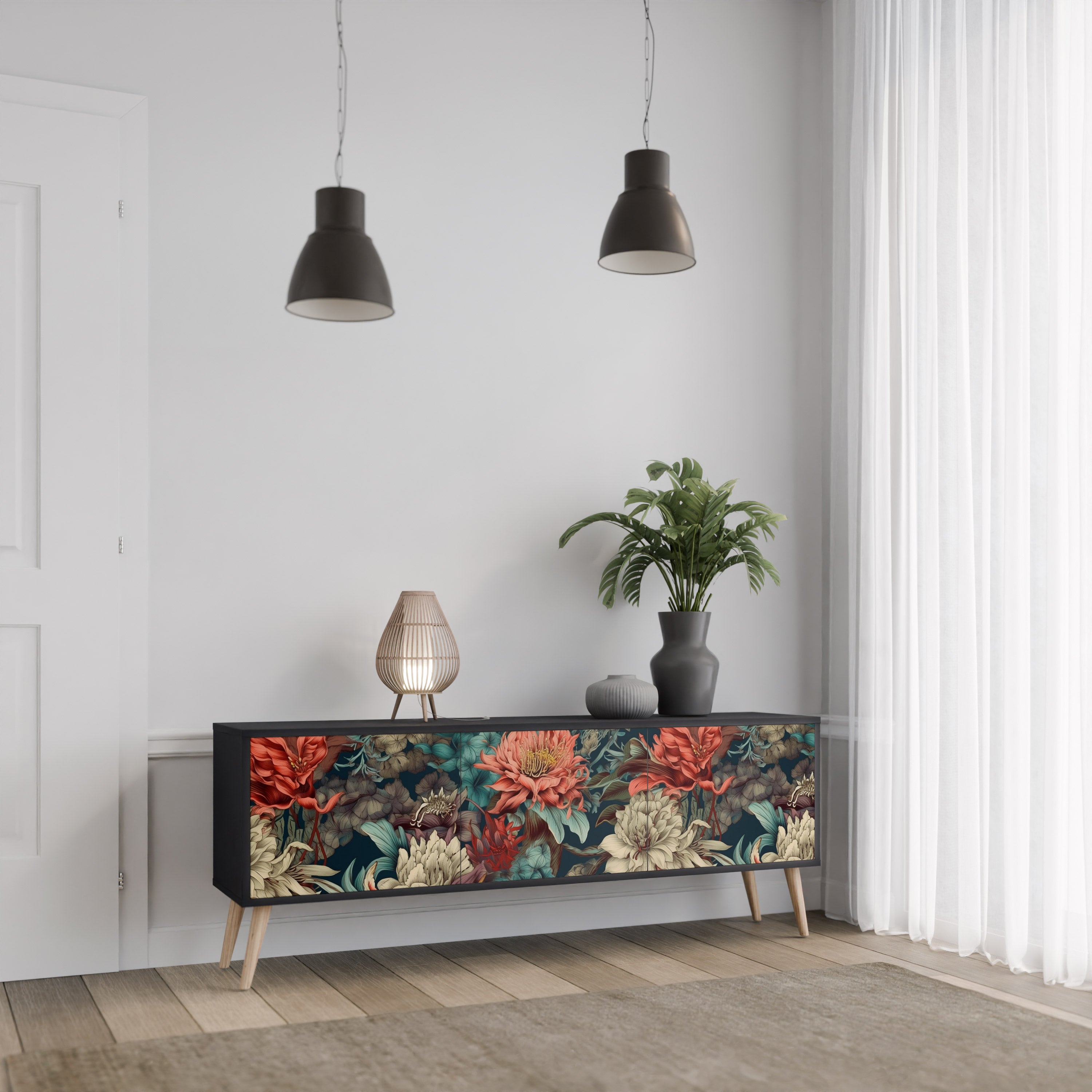 Mueble de TV de 3 puertas SPROUTING GRACE con acabado negro