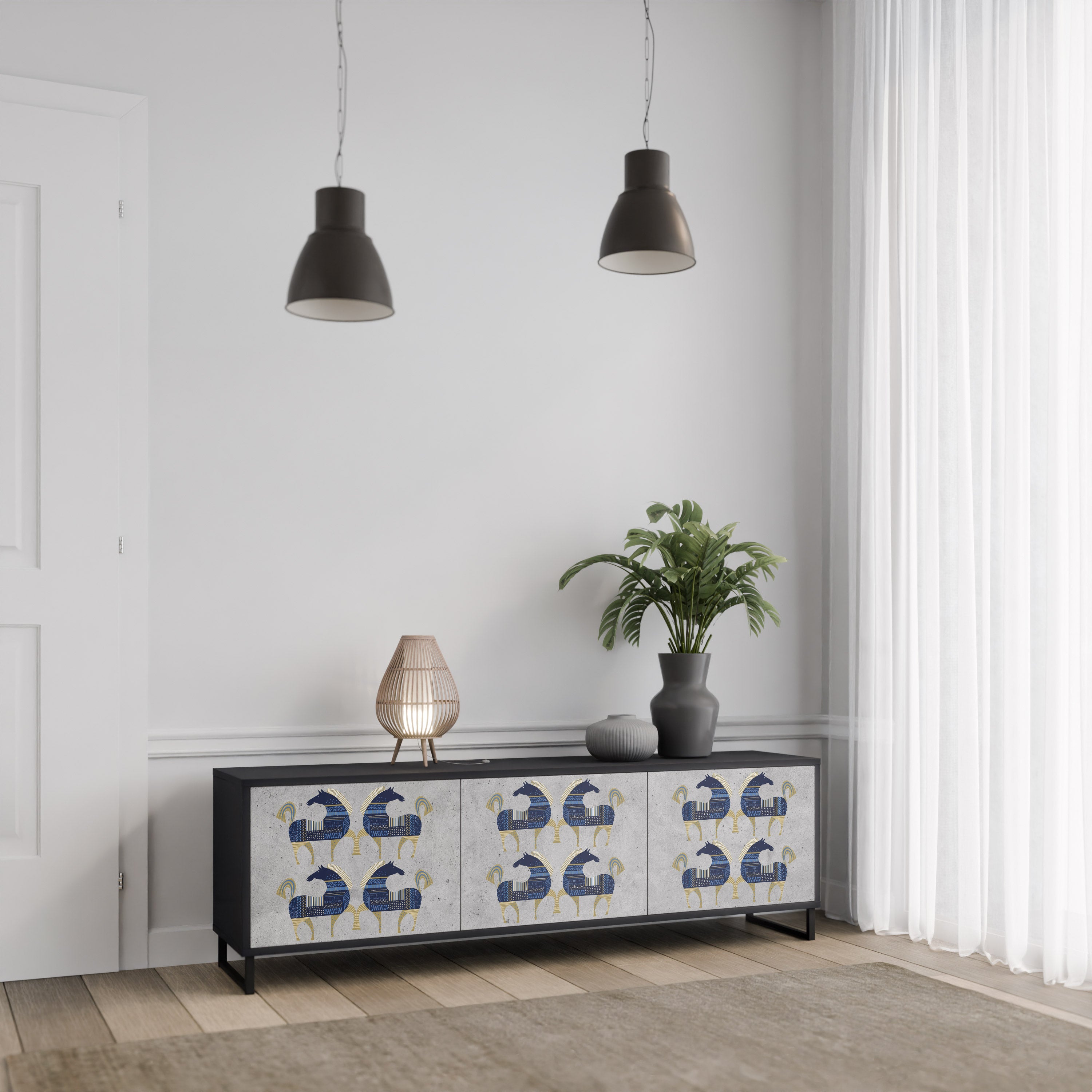 Mueble de TV MAJESTIC STEED de 3 puertas con acabado negro