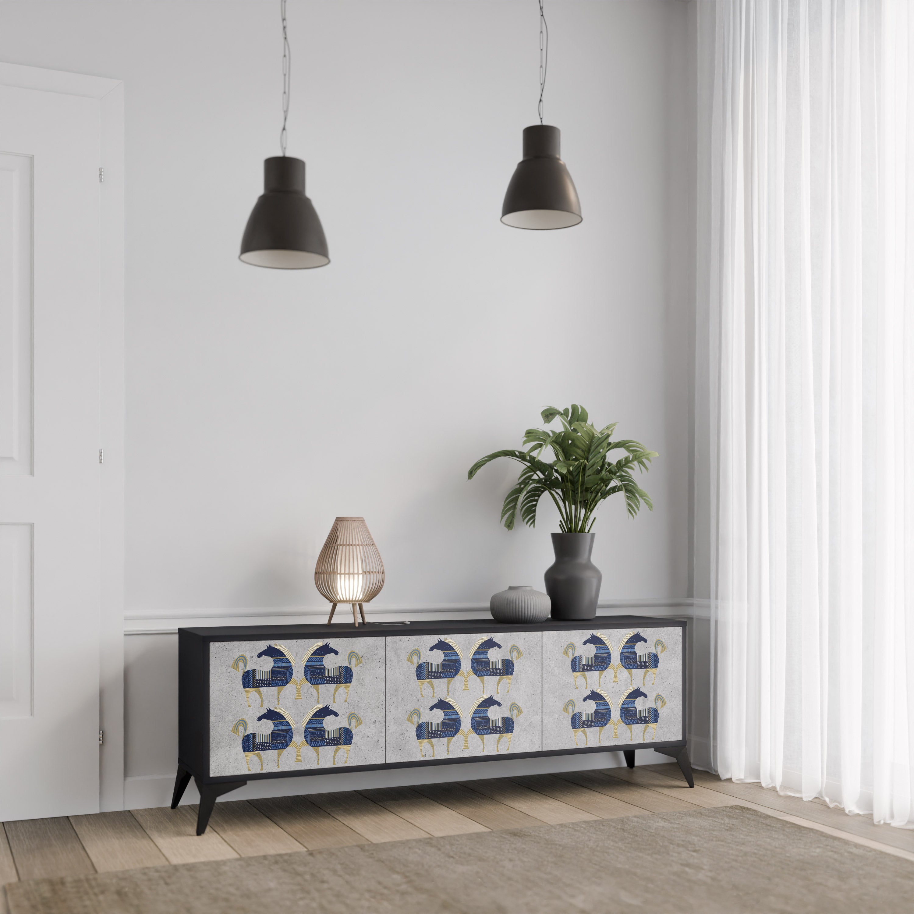 Mueble de TV MAJESTIC STEED de 3 puertas con acabado negro