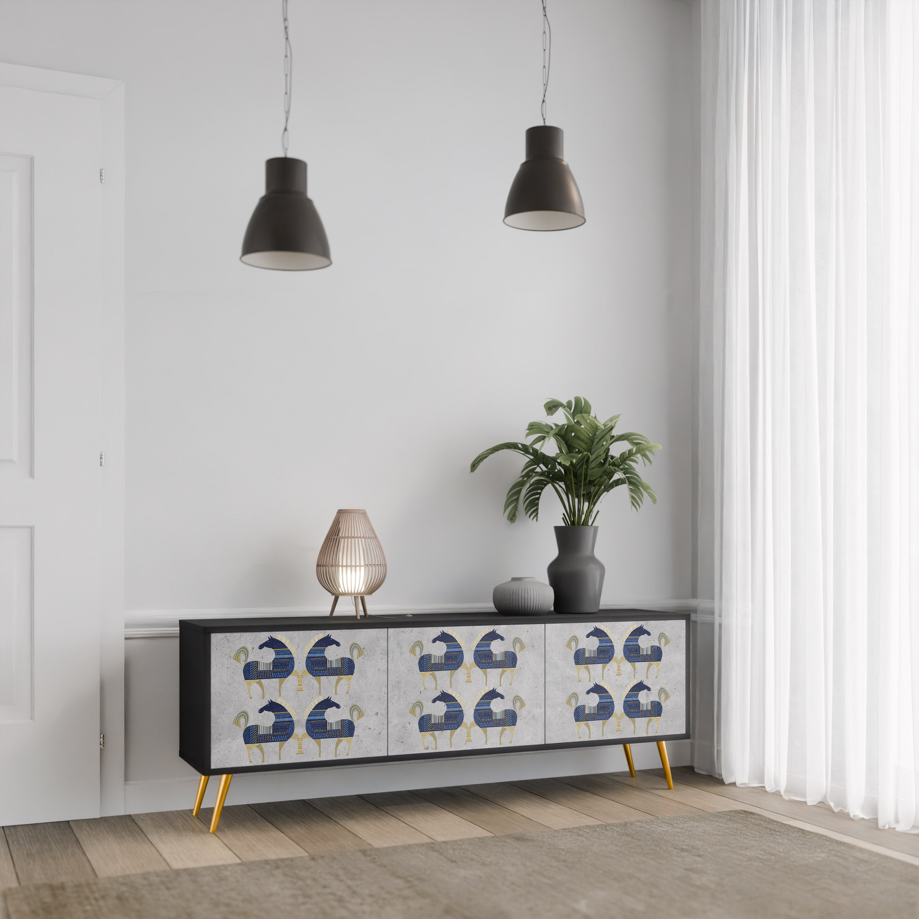 Mueble de TV MAJESTIC STEED de 3 puertas con acabado negro