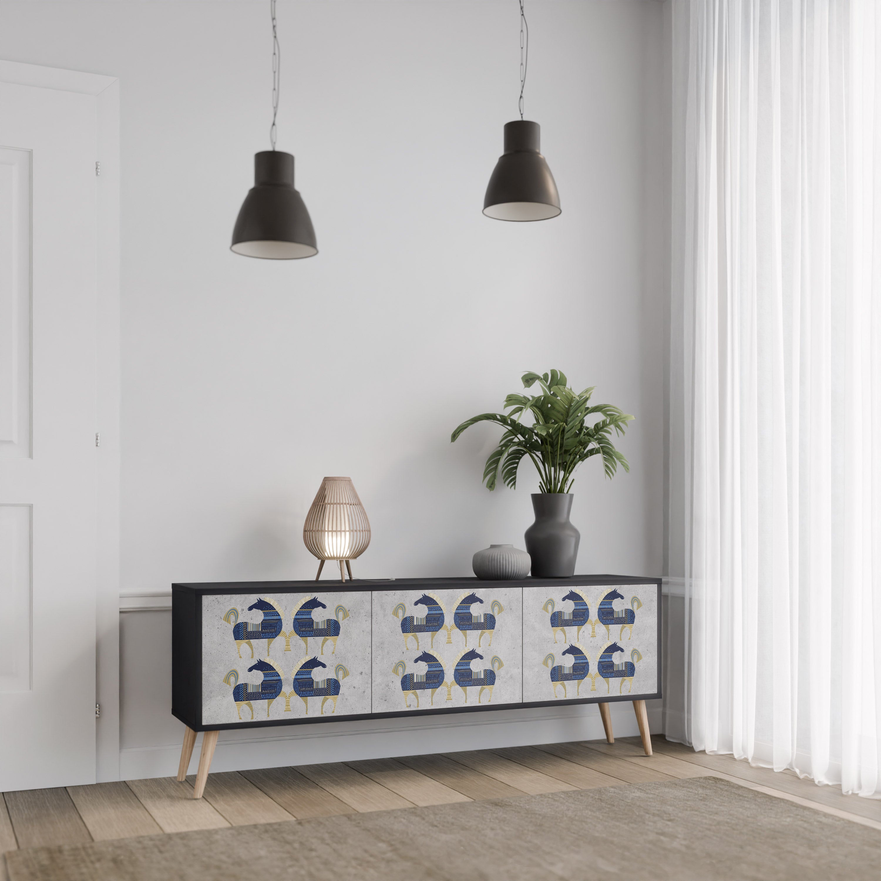 Mueble de TV MAJESTIC STEED de 3 puertas con acabado negro