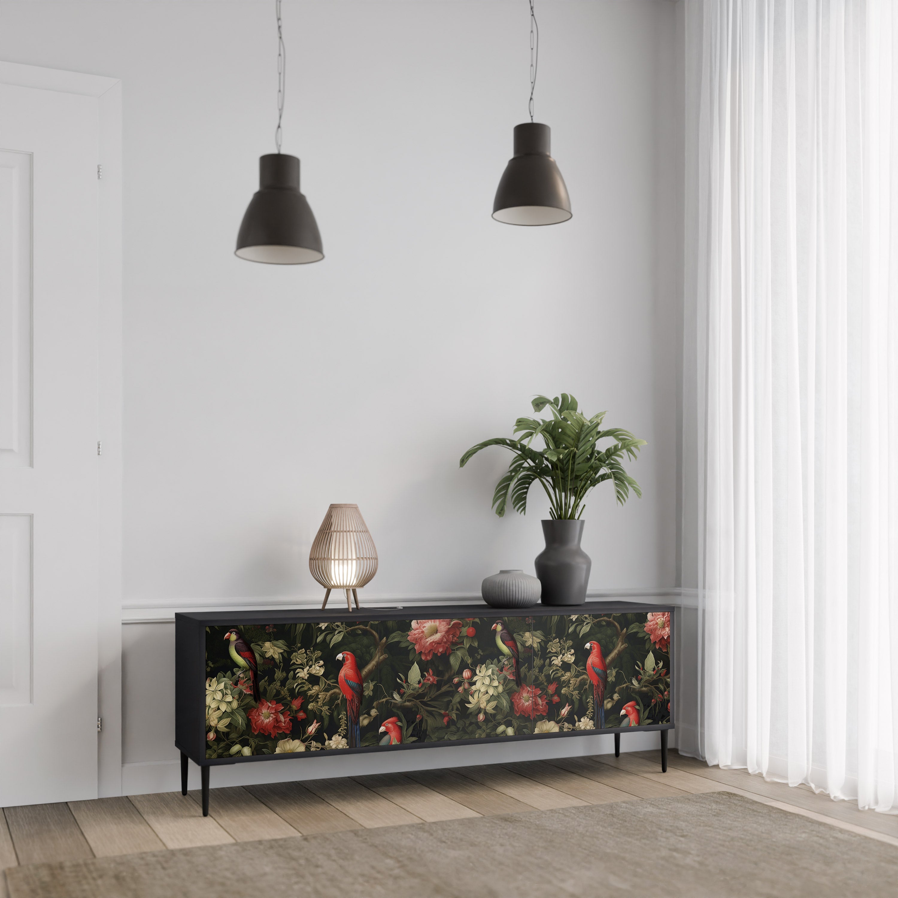 Mueble de TV de 3 puertas AVIAN GREENERY con acabado negro