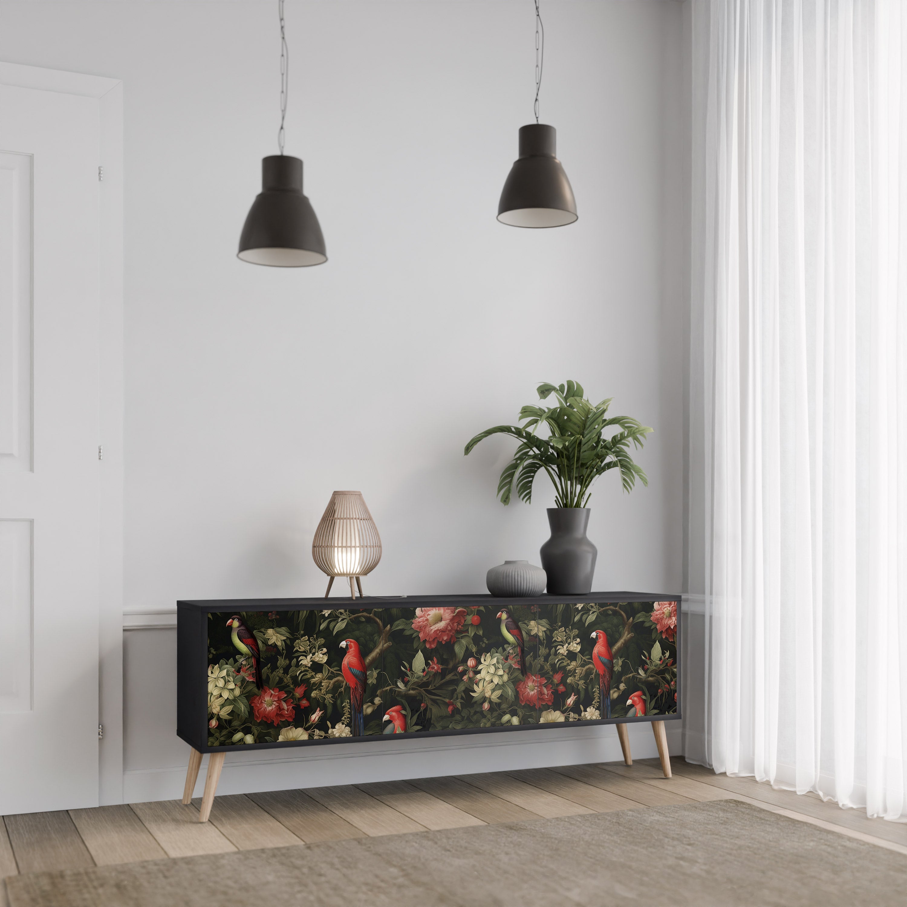 Mueble de TV de 3 puertas AVIAN GREENERY con acabado negro