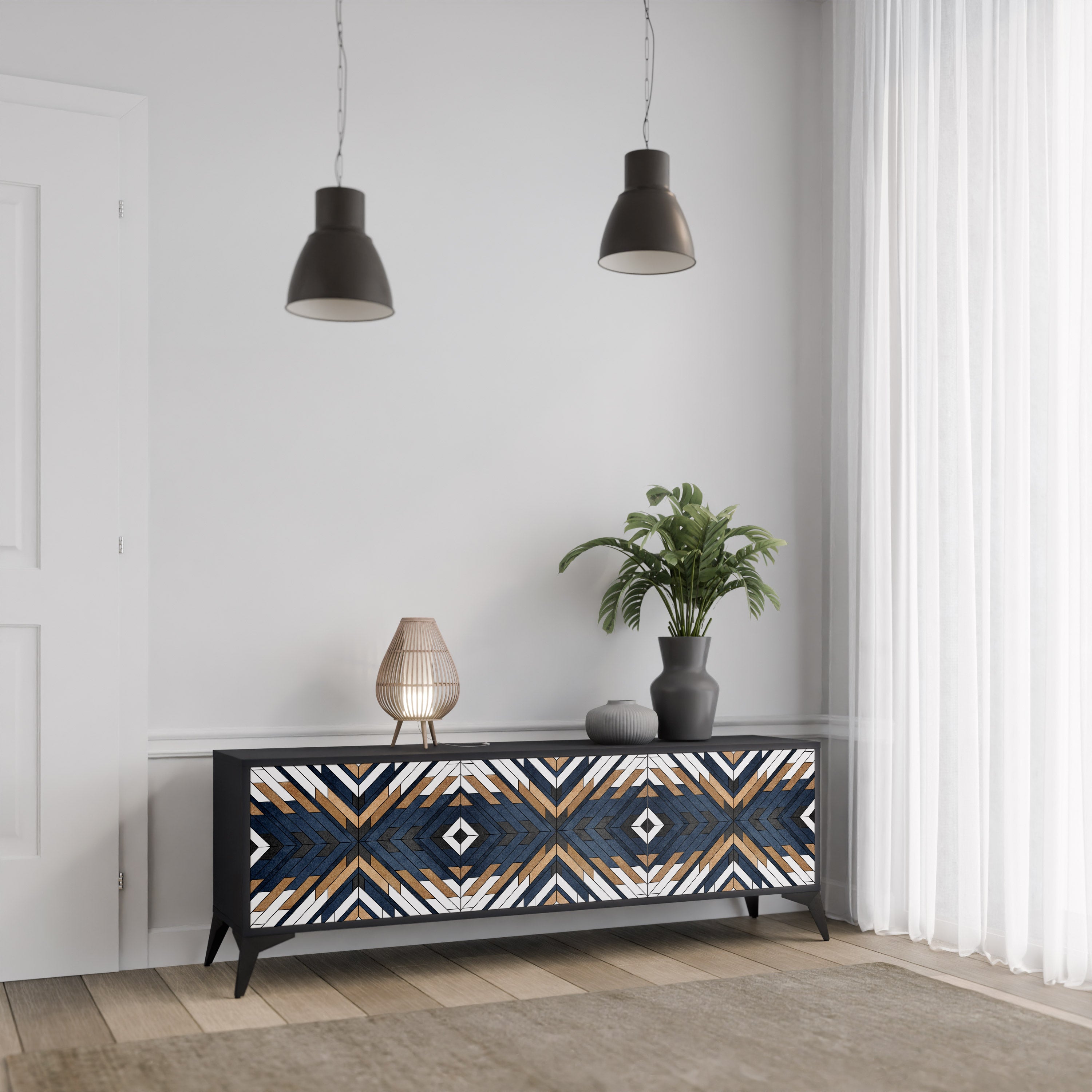 Mueble de TV de 3 puertas ARTFUL GEOMETRY con acabado negro