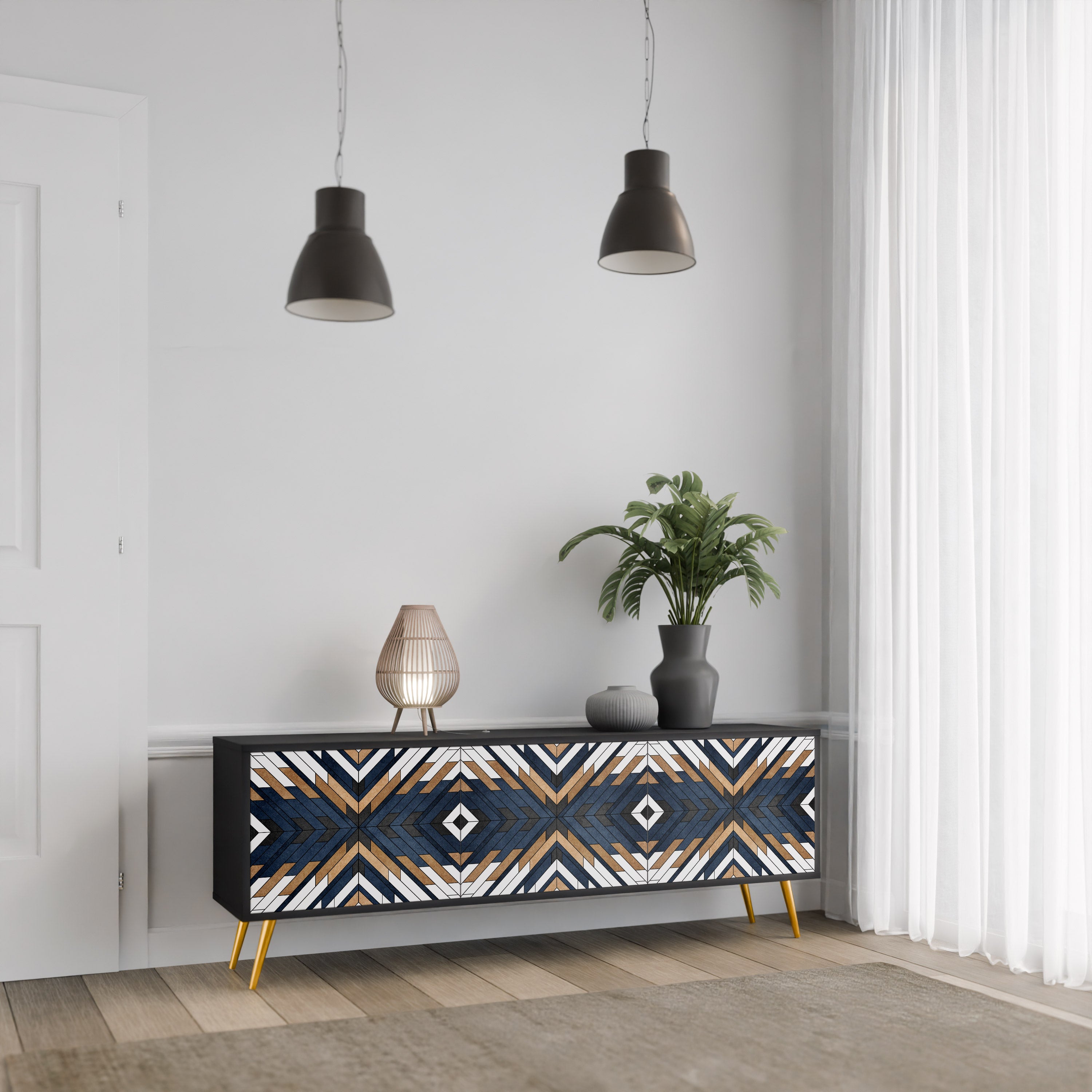 Mueble de TV de 3 puertas ARTFUL GEOMETRY con acabado negro