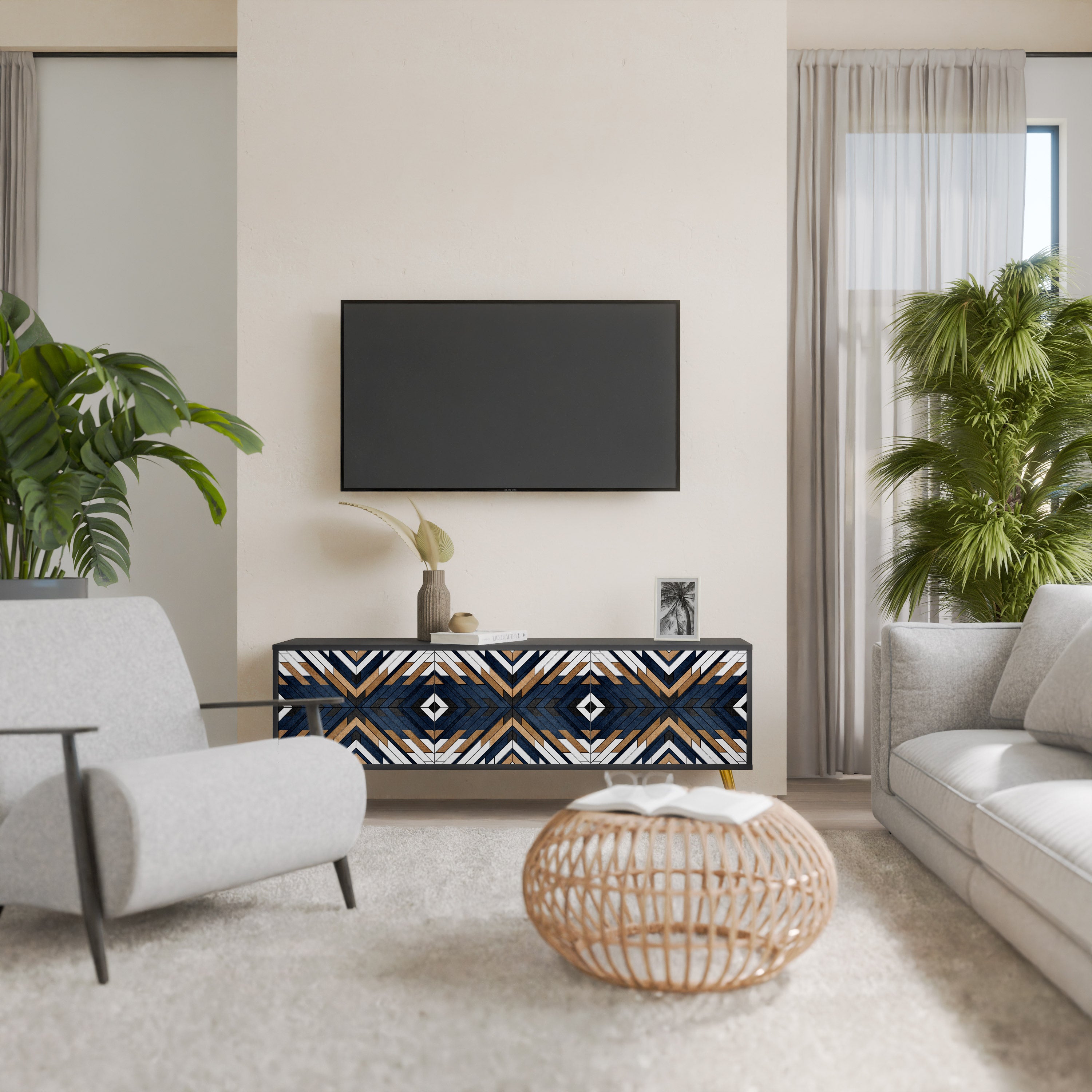Mueble de TV de 3 puertas ARTFUL GEOMETRY con acabado negro