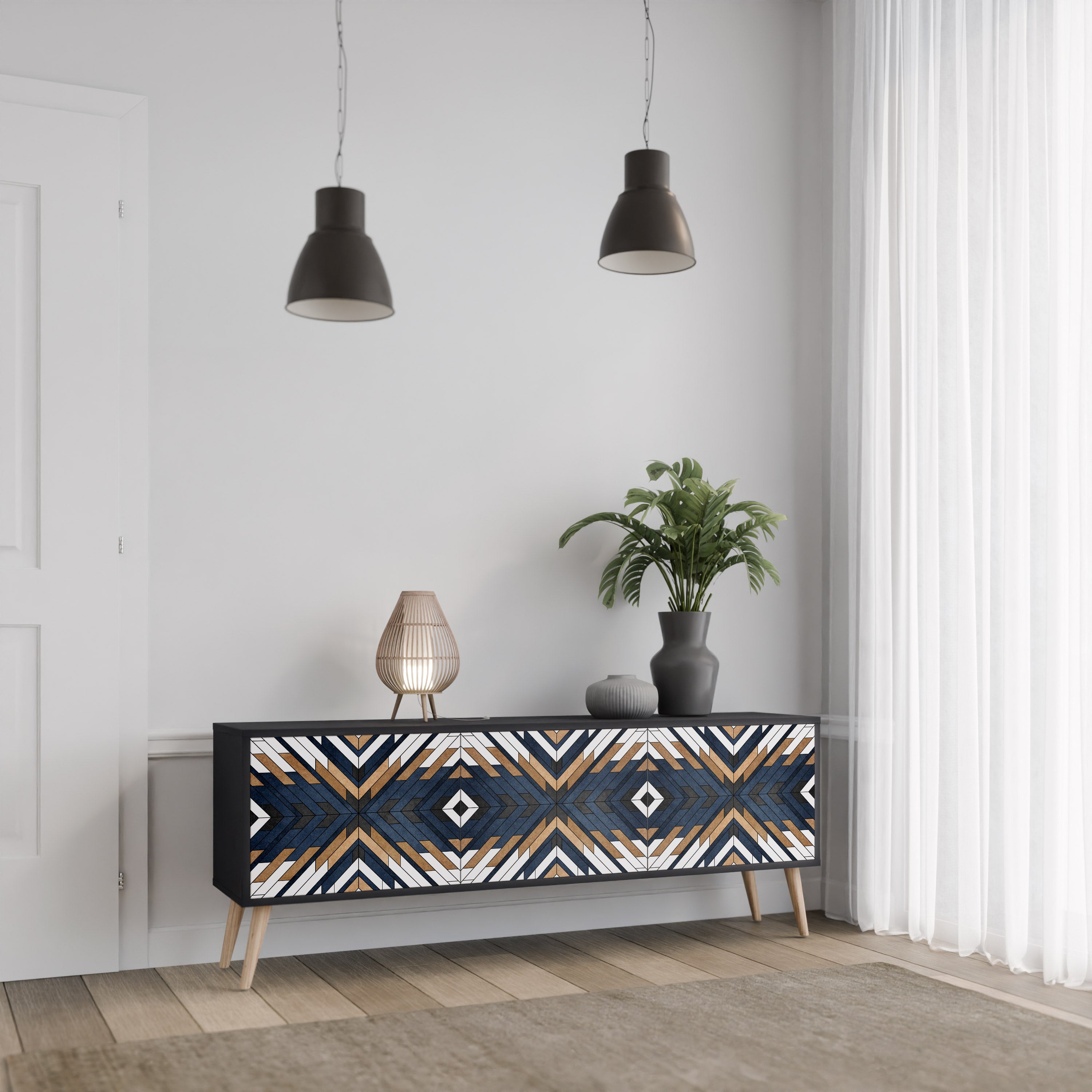 Mueble de TV de 3 puertas ARTFUL GEOMETRY con acabado negro