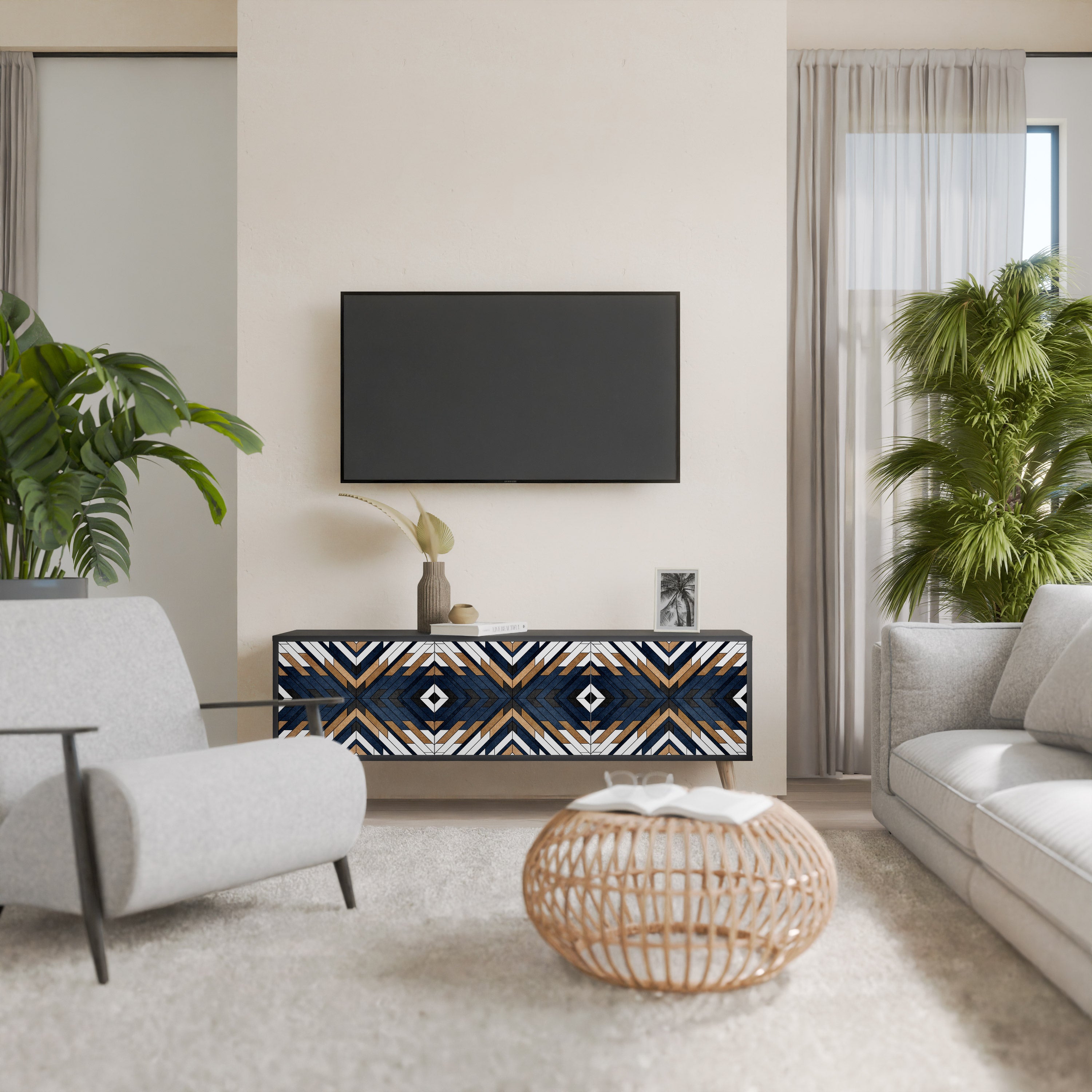 Mueble de TV de 3 puertas ARTFUL GEOMETRY con acabado negro