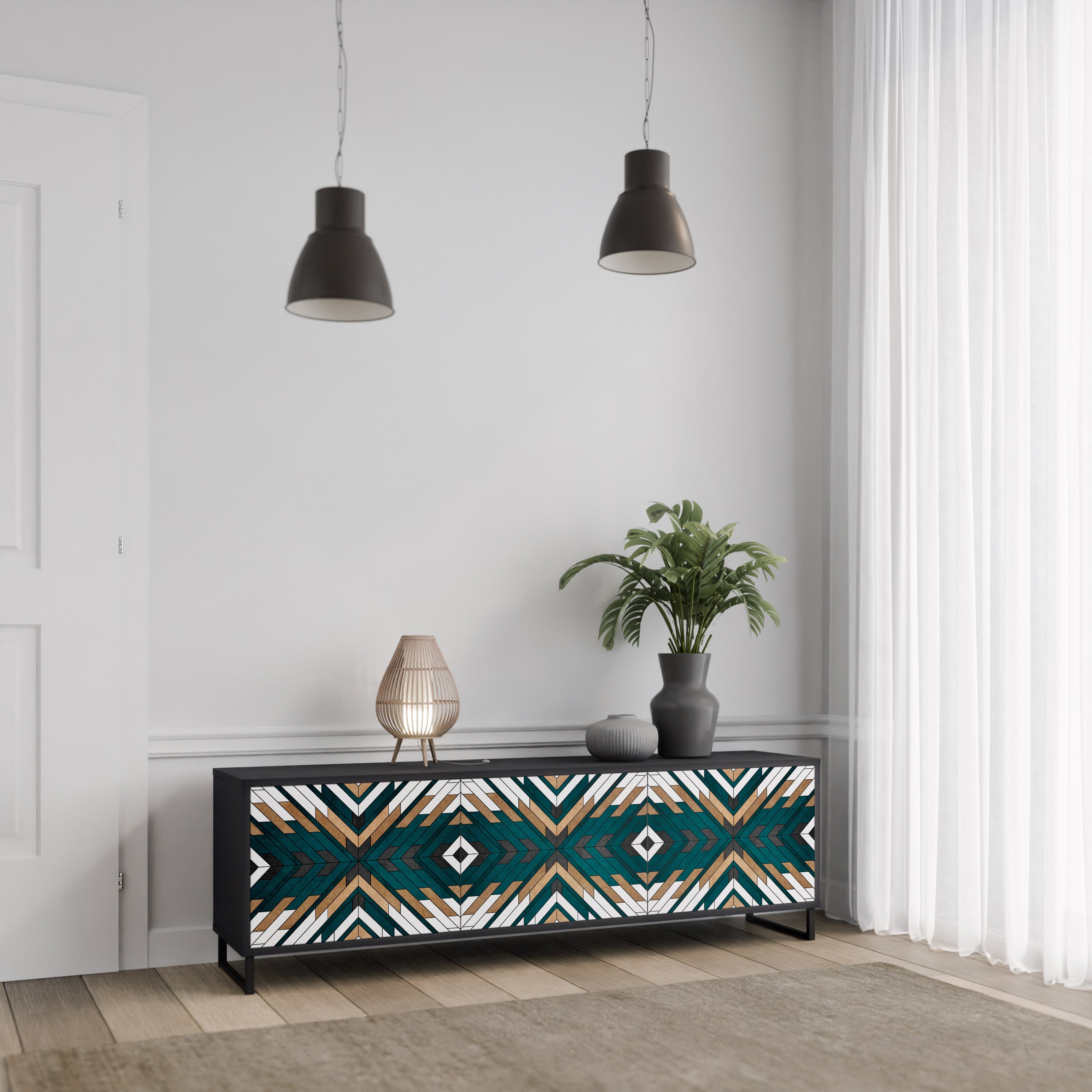 Mueble de TV de 3 puertas ARTISTIC GEOMETRY en acabado negro
