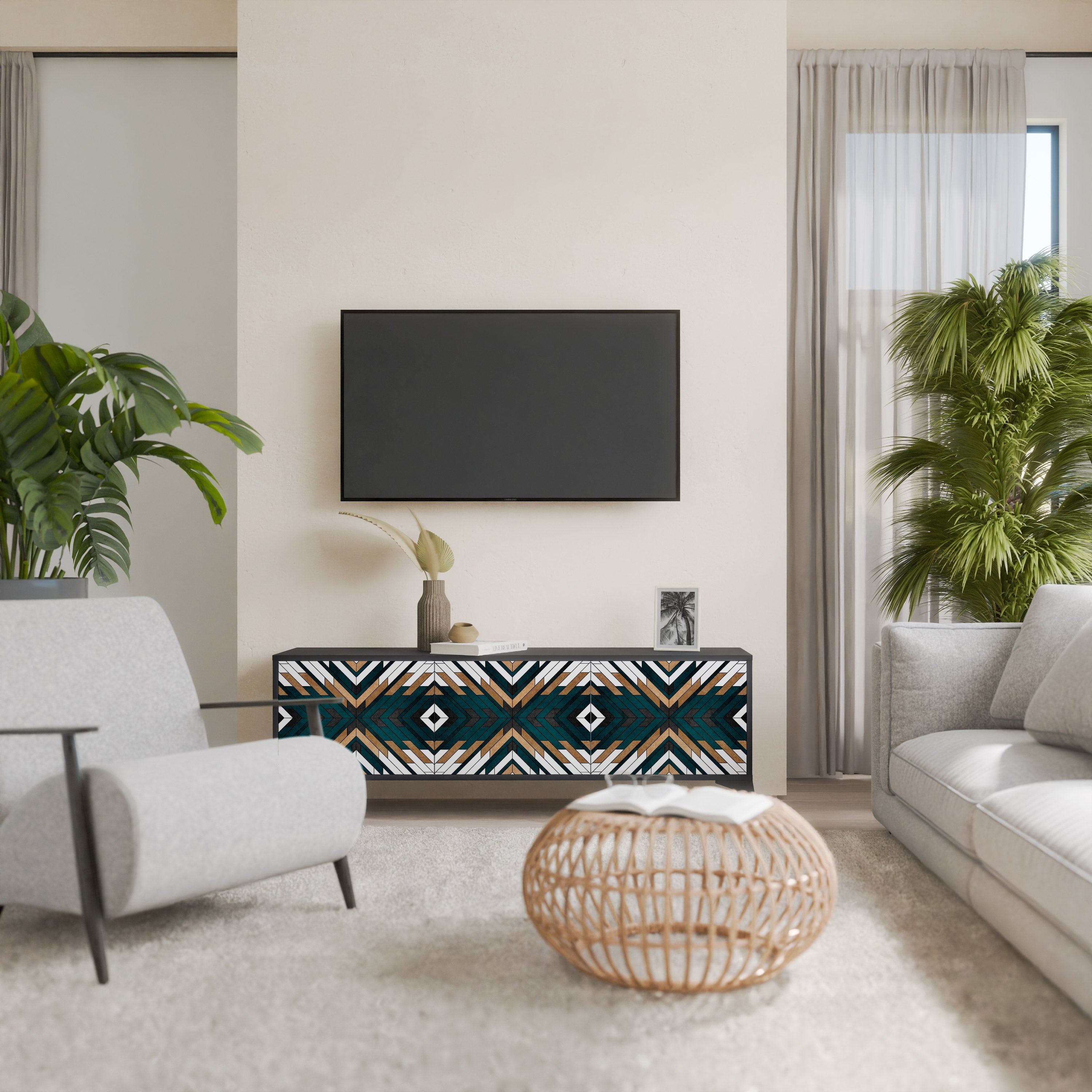 Mueble de TV de 3 puertas ARTISTIC GEOMETRY en acabado negro