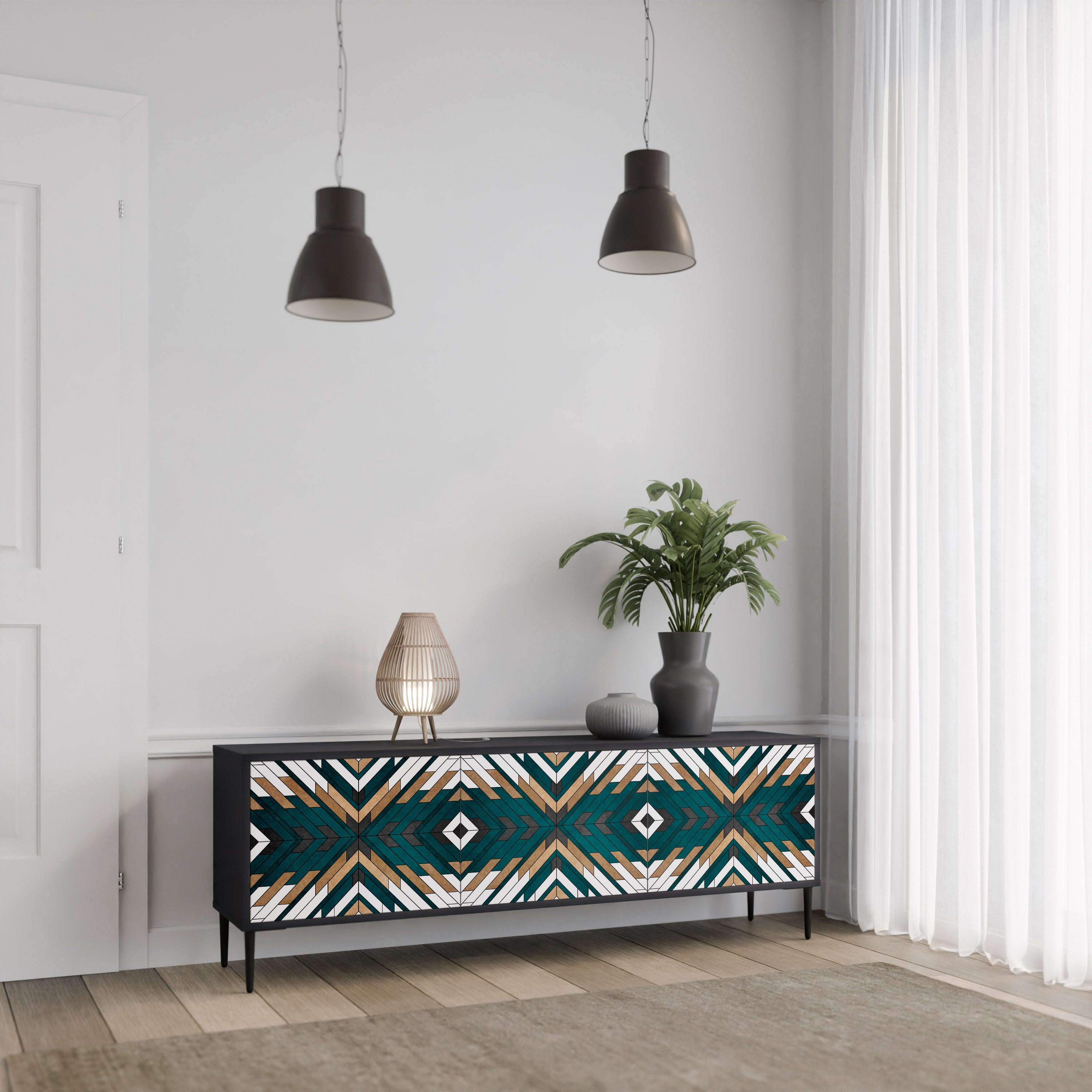Mueble de TV de 3 puertas ARTISTIC GEOMETRY en acabado negro