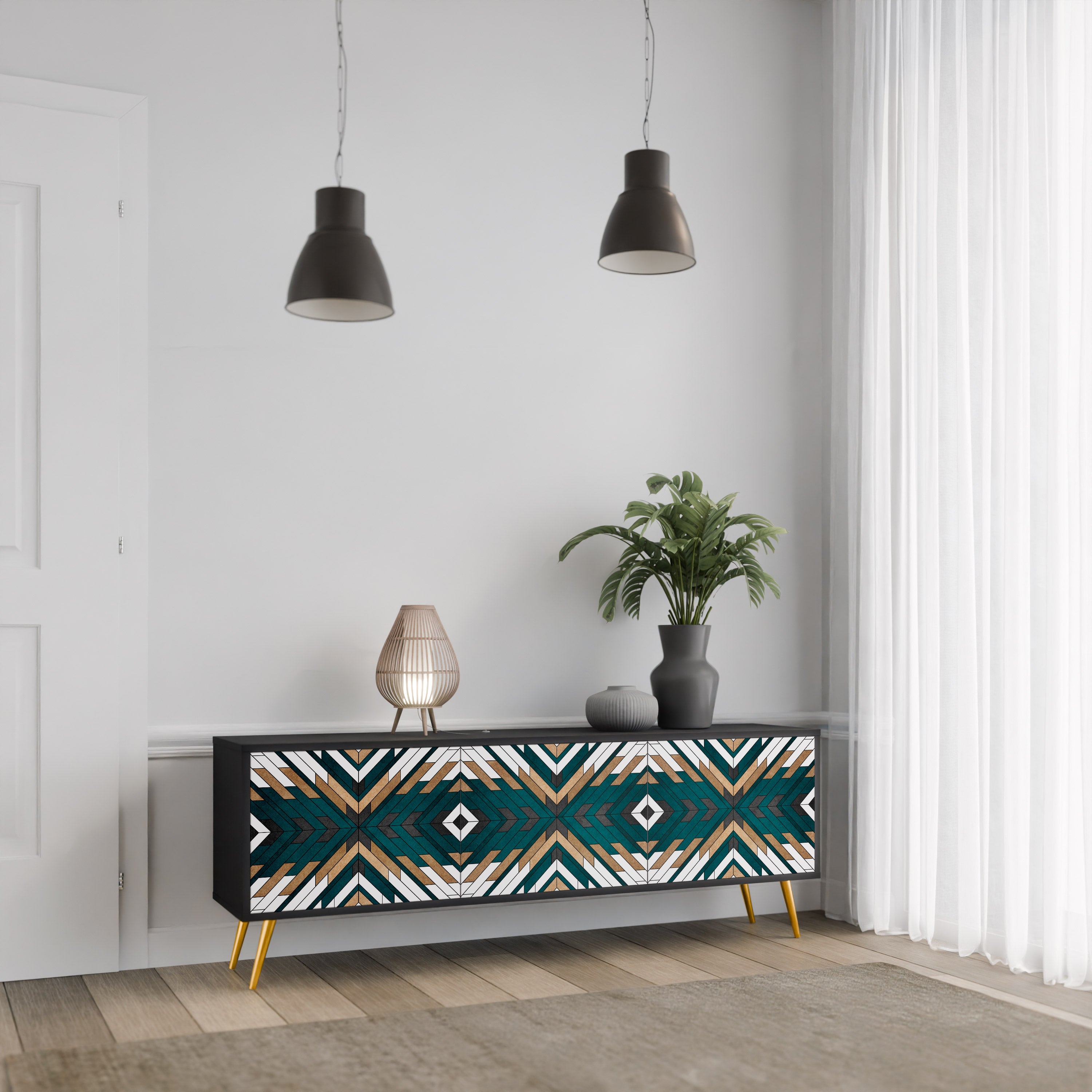 Mueble de TV de 3 puertas ARTISTIC GEOMETRY en acabado negro