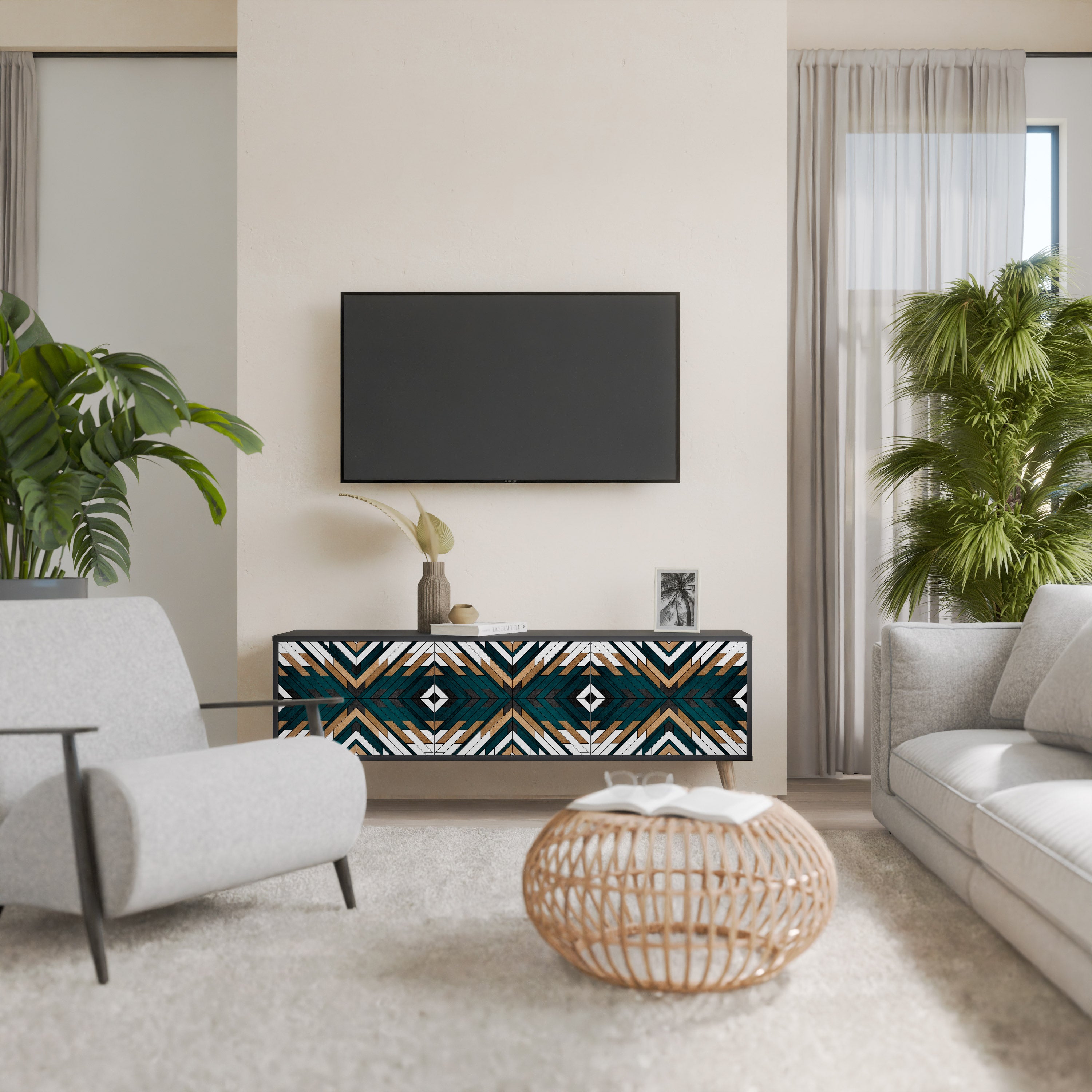 Mueble de TV de 3 puertas ARTISTIC GEOMETRY en acabado negro