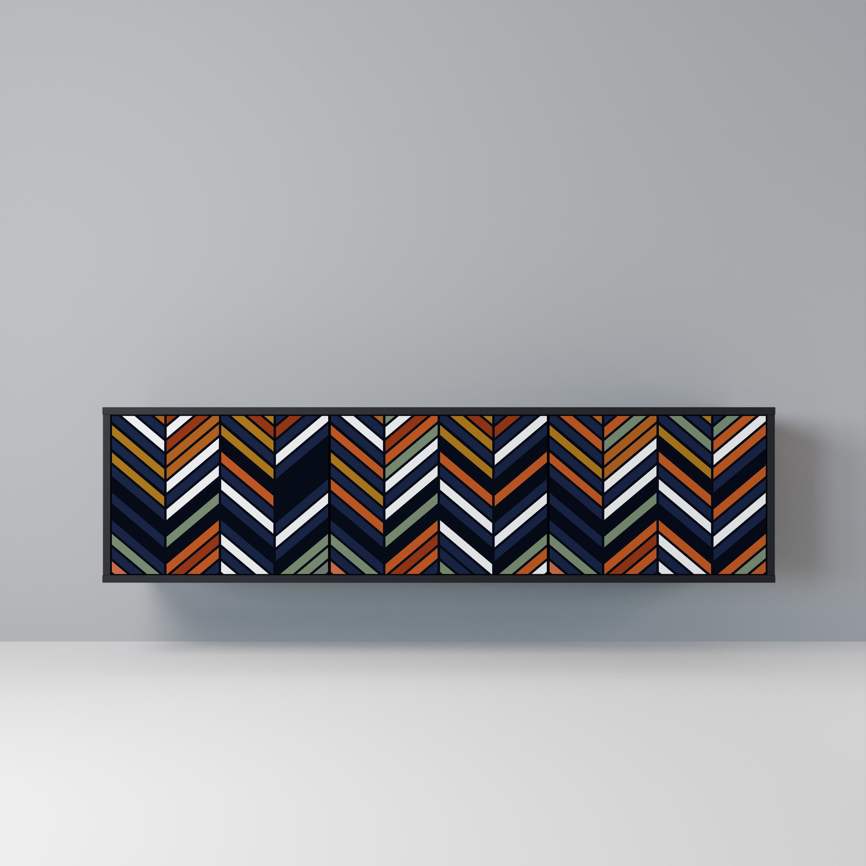 Mueble de TV de 3 puertas con diseño de parches vibrantes en acabado negro