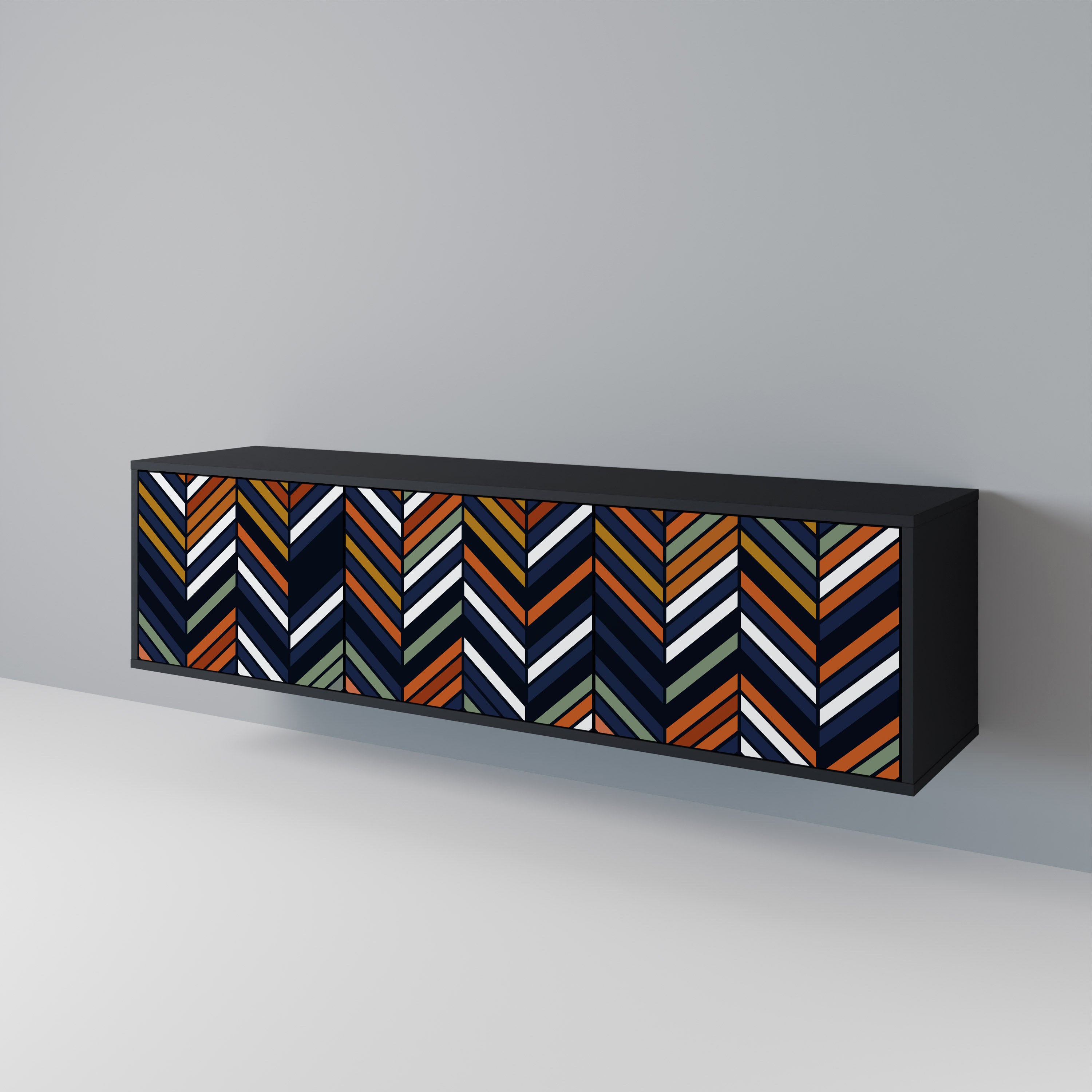 Mueble de TV de 3 puertas con diseño de parches vibrantes en acabado negro