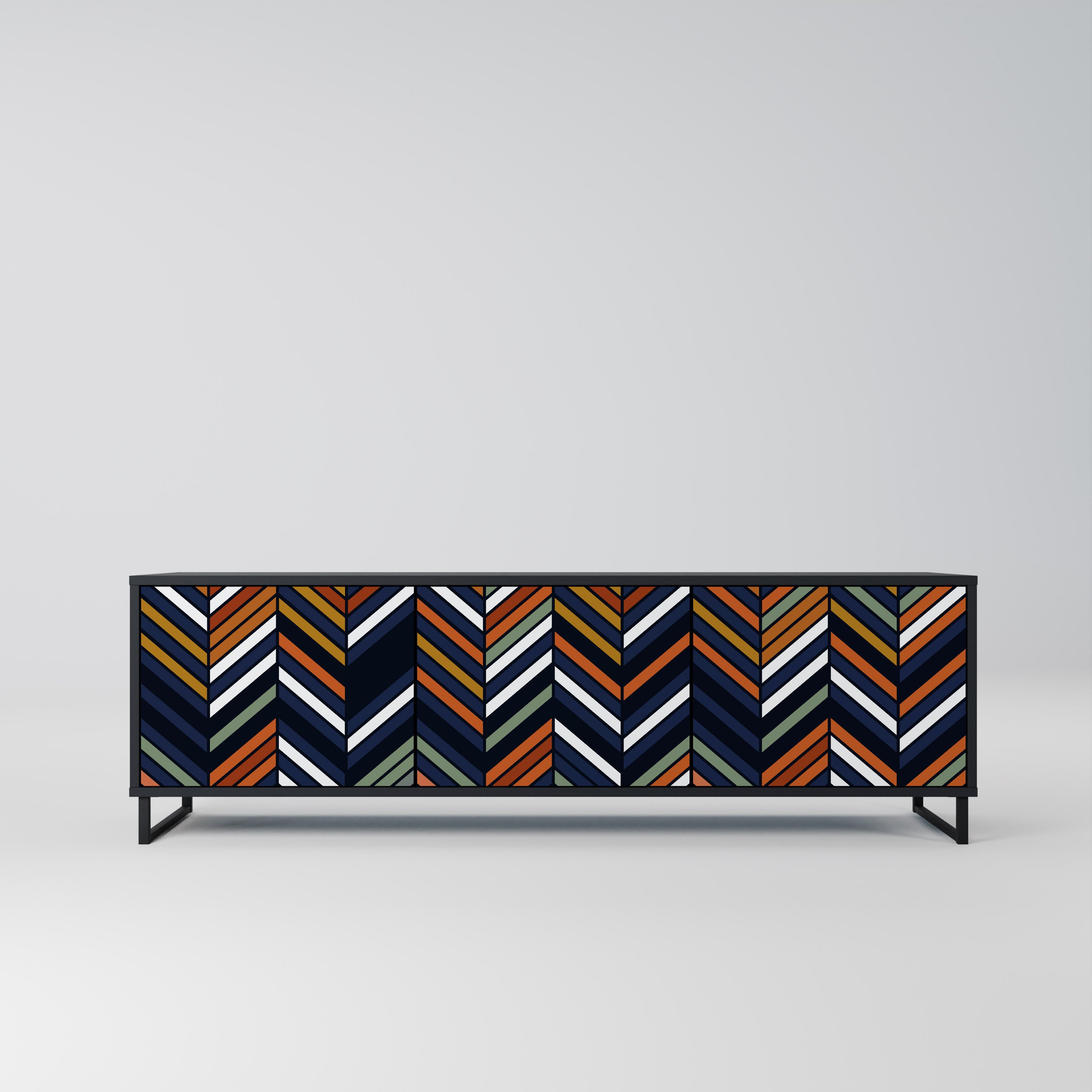 Mueble de TV de 3 puertas con diseño de parches vibrantes en acabado negro