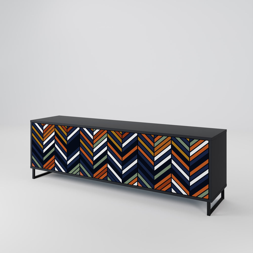 Mueble de TV de 3 puertas con diseño de parches vibrantes en acabado negro