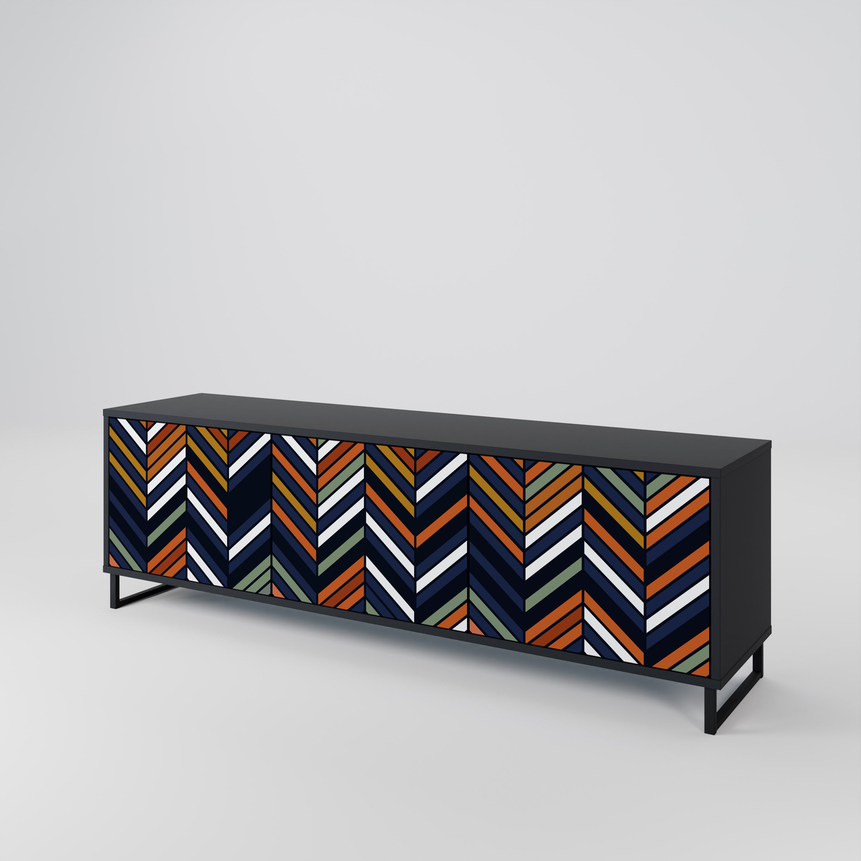 Mueble de TV de 3 puertas con diseño de parches vibrantes en acabado negro