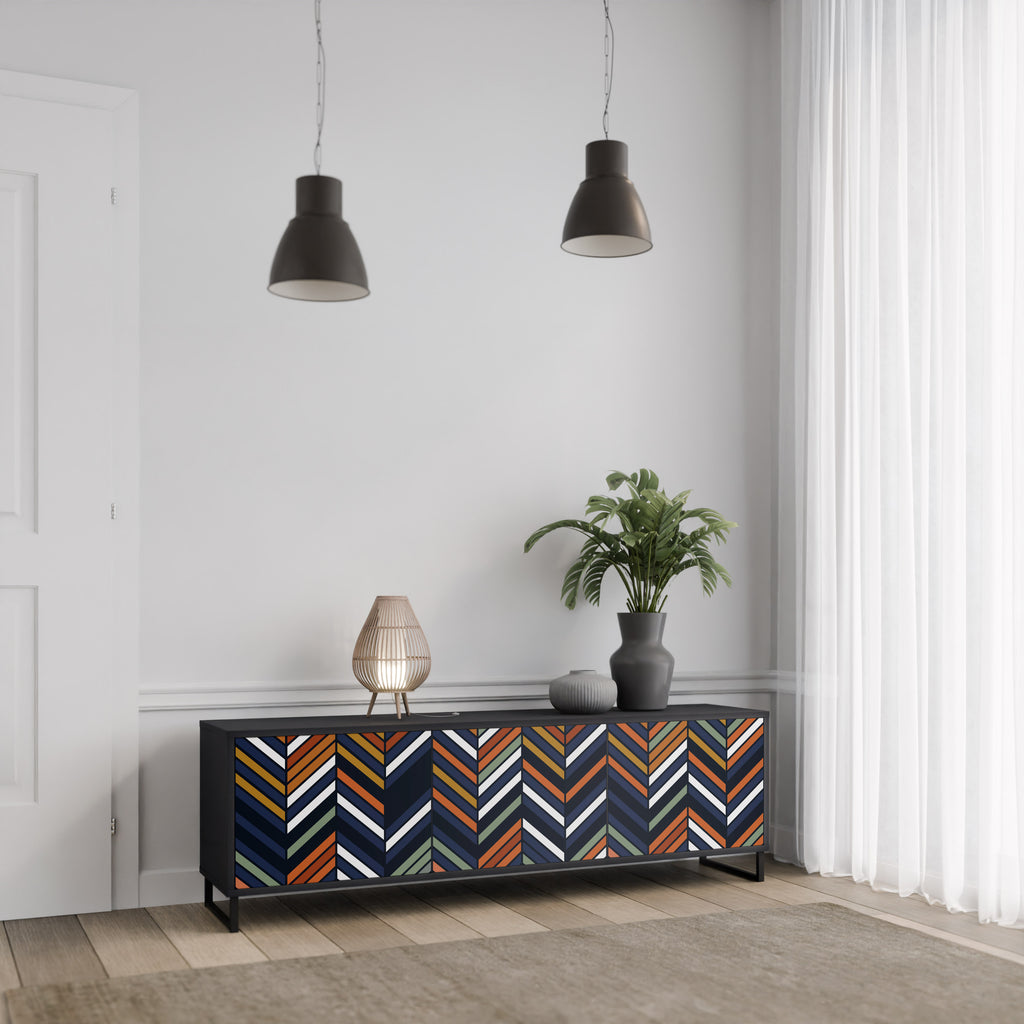 Mueble de TV de 3 puertas con diseño de parches vibrantes en acabado negro