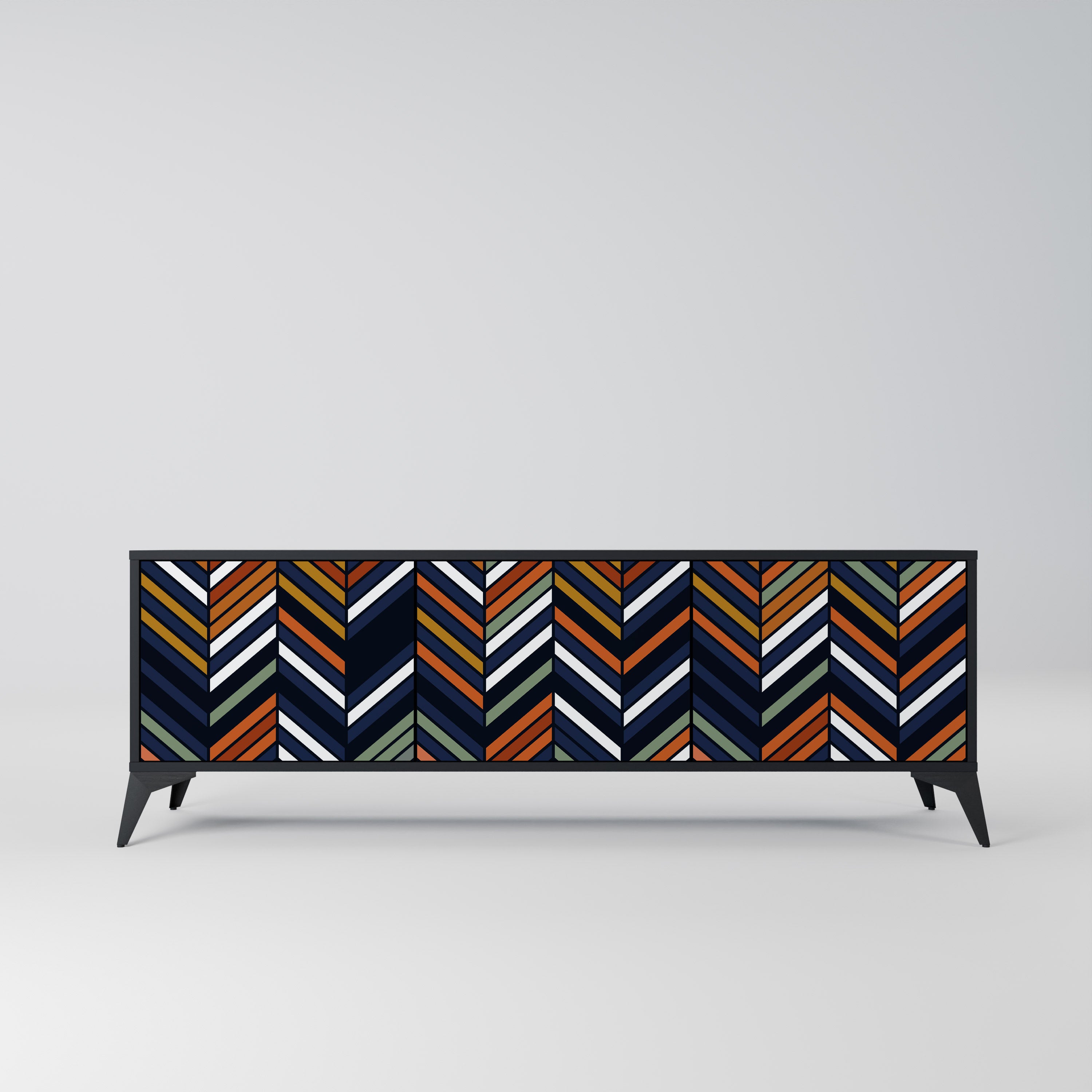 Mueble de TV de 3 puertas con diseño de parches vibrantes en acabado negro