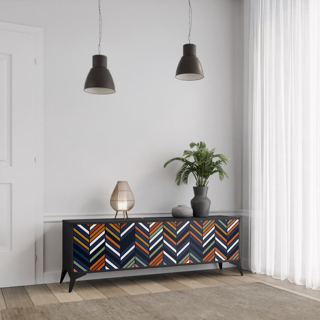 Mueble de TV de 3 puertas con diseño de parches vibrantes en acabado negro
