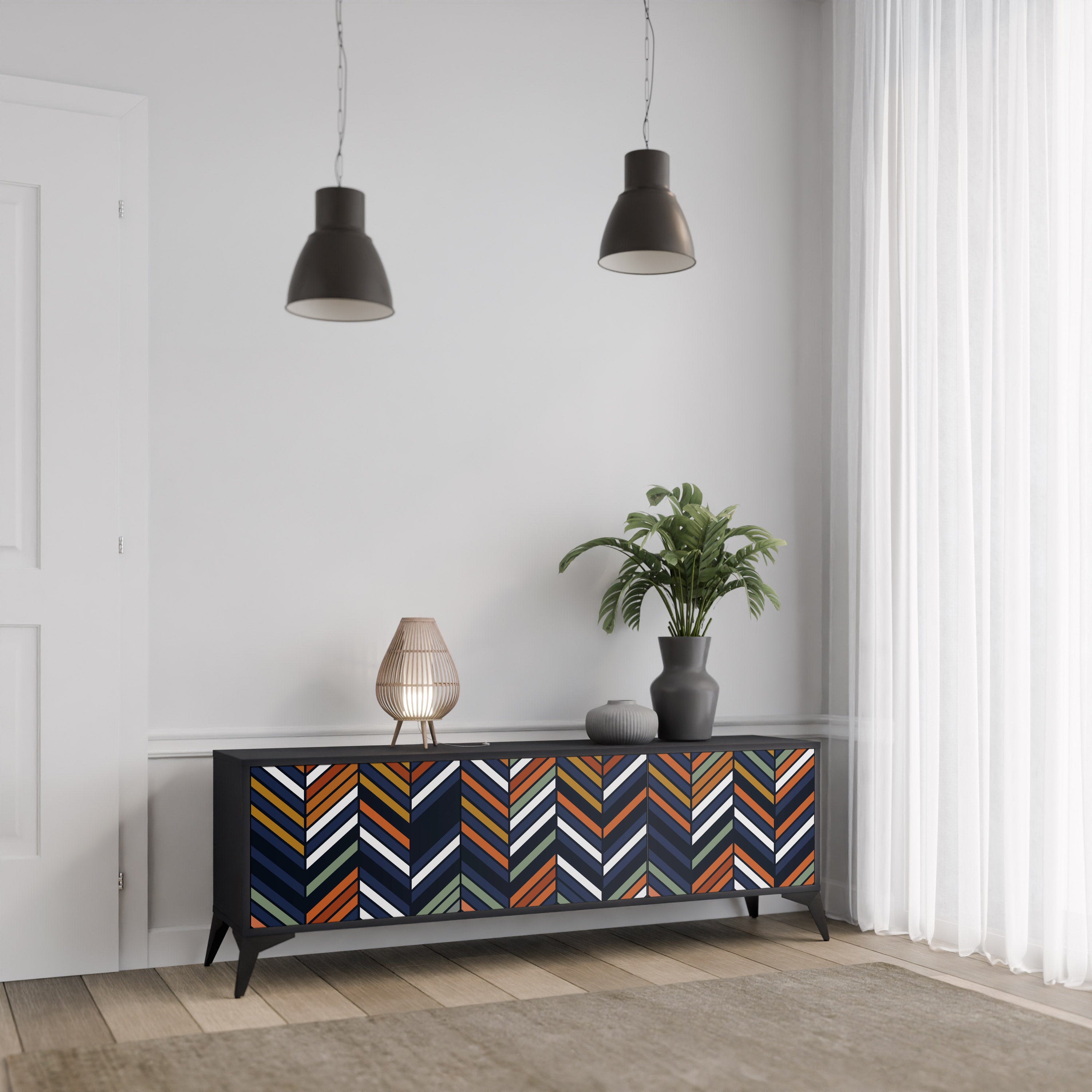 Mueble de TV de 3 puertas con diseño de parches vibrantes en acabado negro