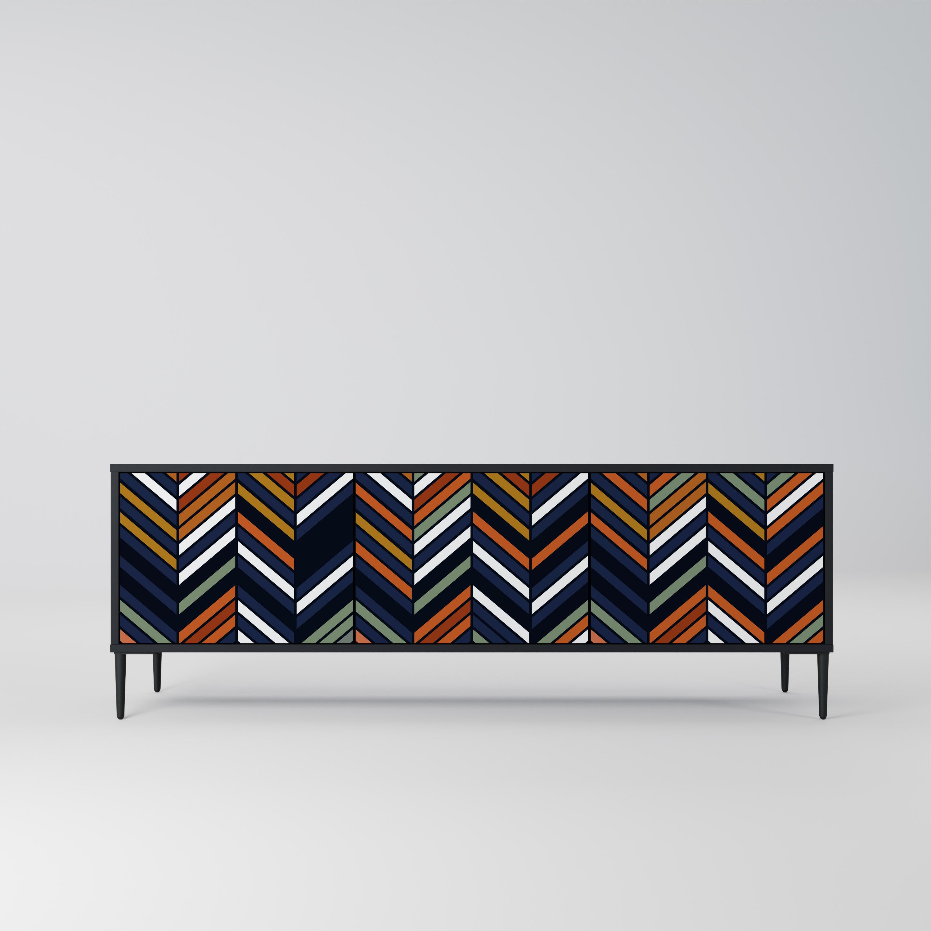 Mueble de TV de 3 puertas con diseño de parches vibrantes en acabado negro