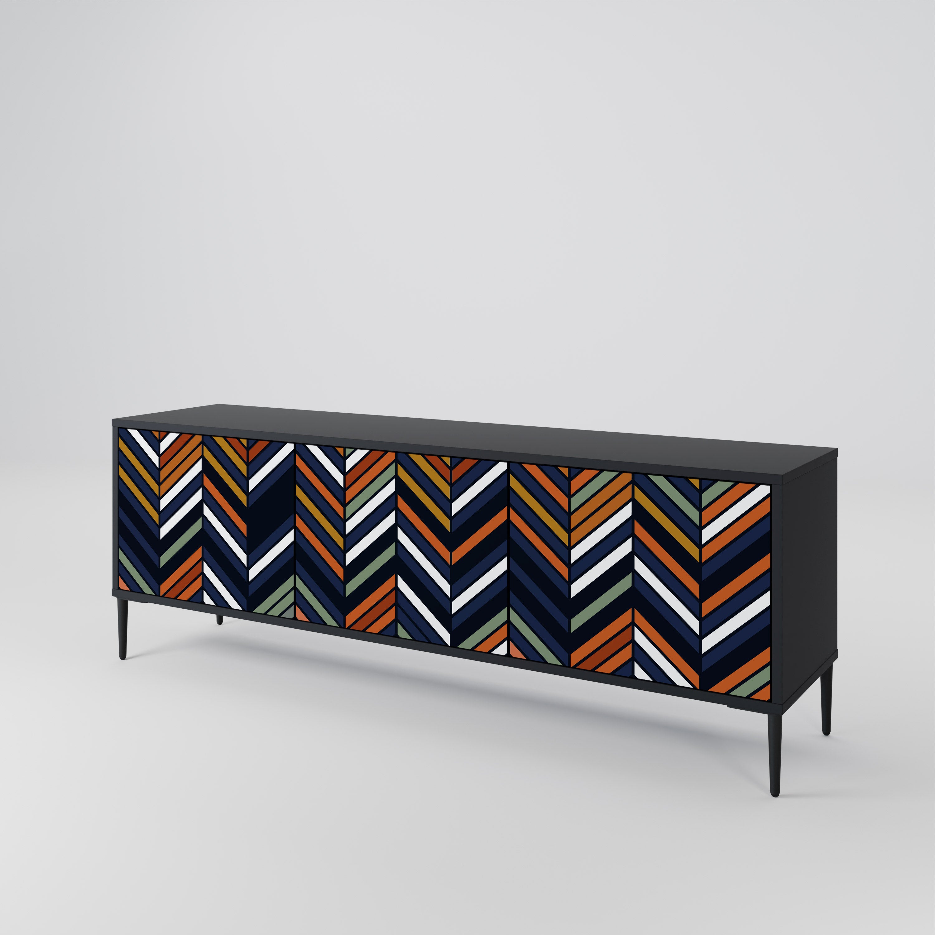 Mueble de TV de 3 puertas con diseño de parches vibrantes en acabado negro