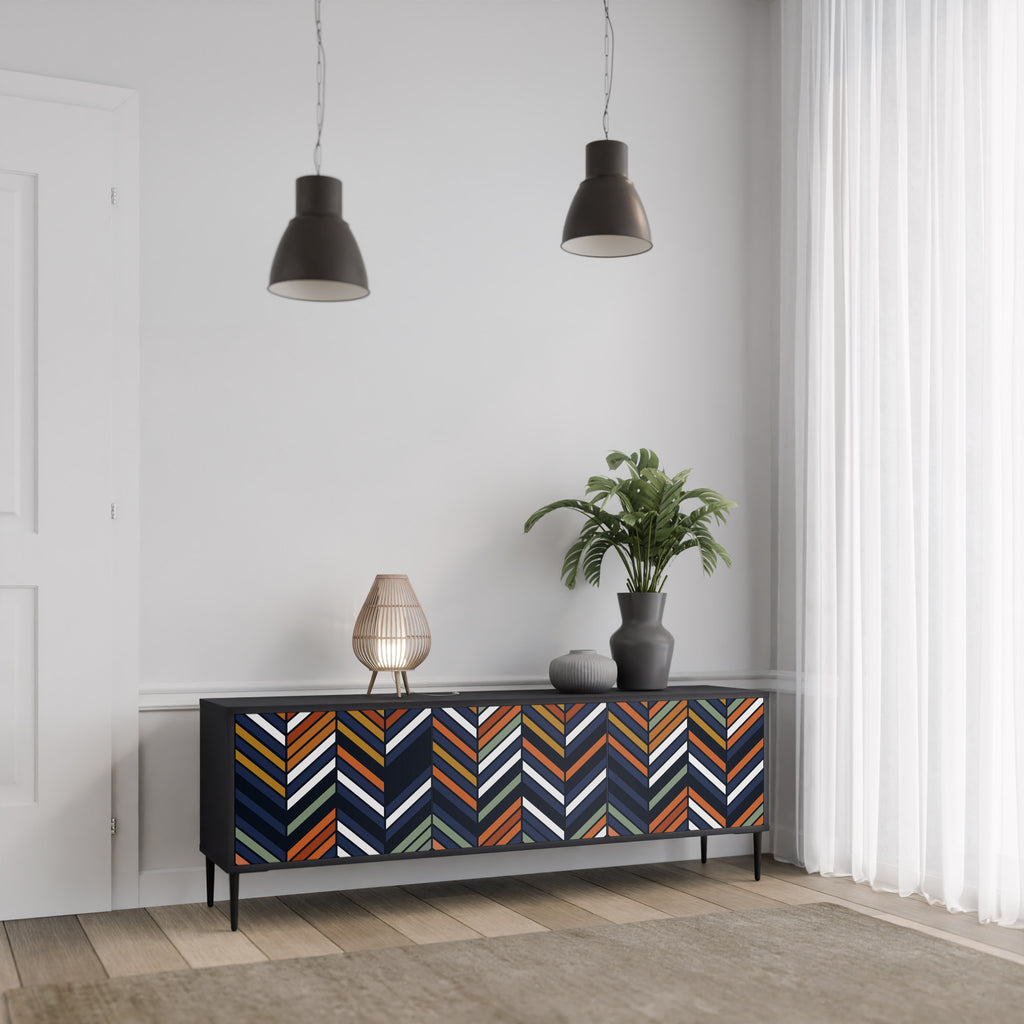 Mueble de TV de 3 puertas con diseño de parches vibrantes en acabado negro