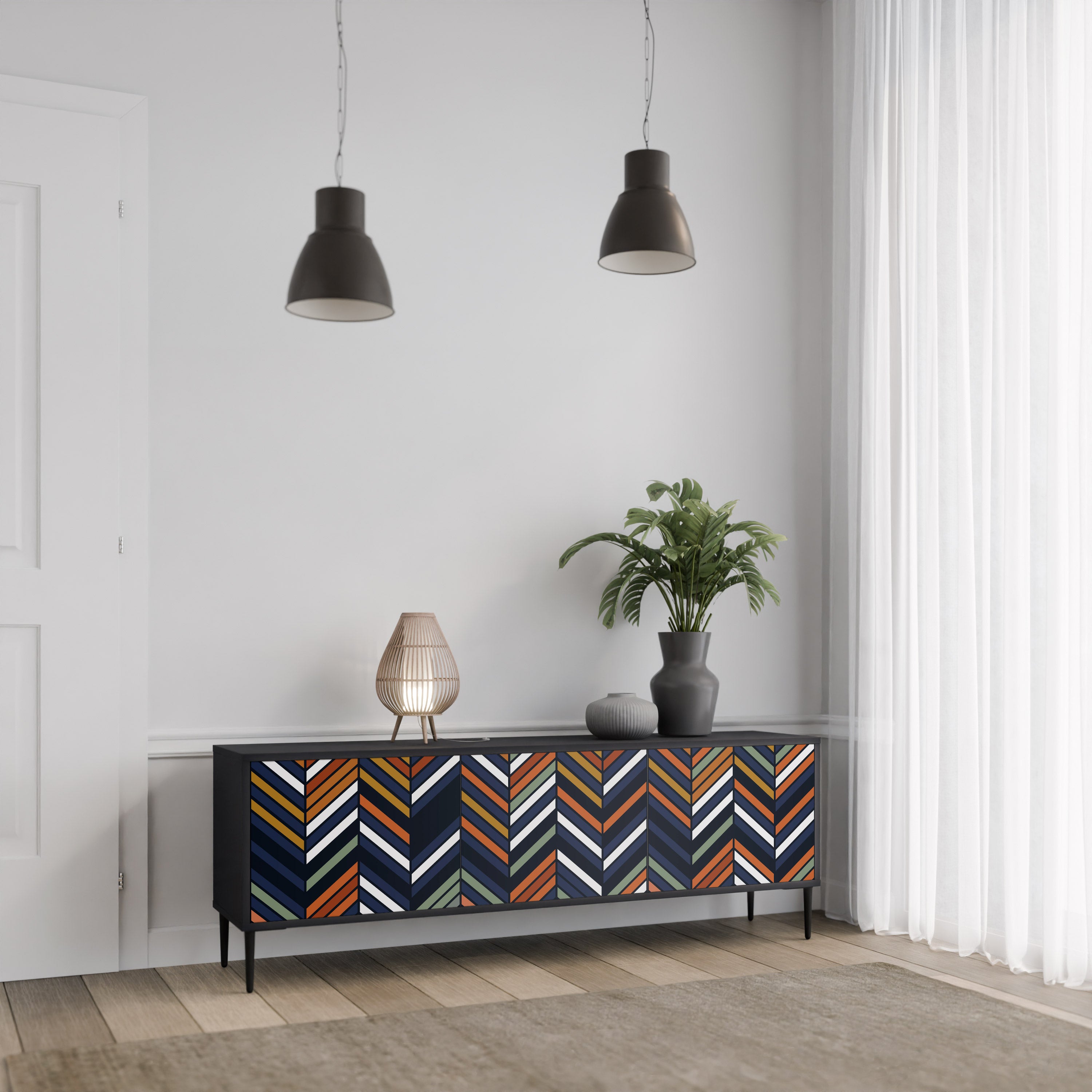 Mueble de TV de 3 puertas con diseño de parches vibrantes en acabado negro