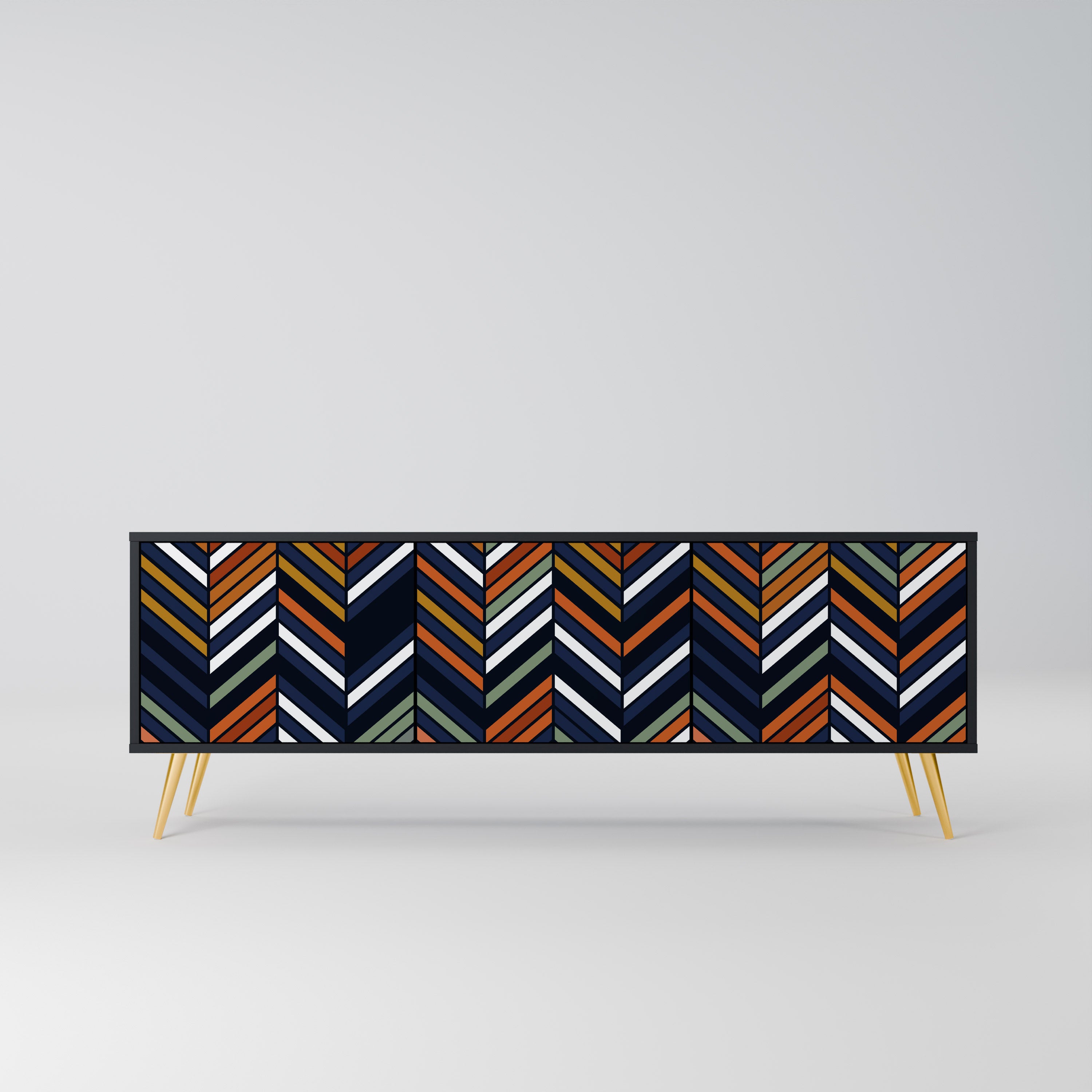 Mueble de TV de 3 puertas con diseño de parches vibrantes en acabado negro