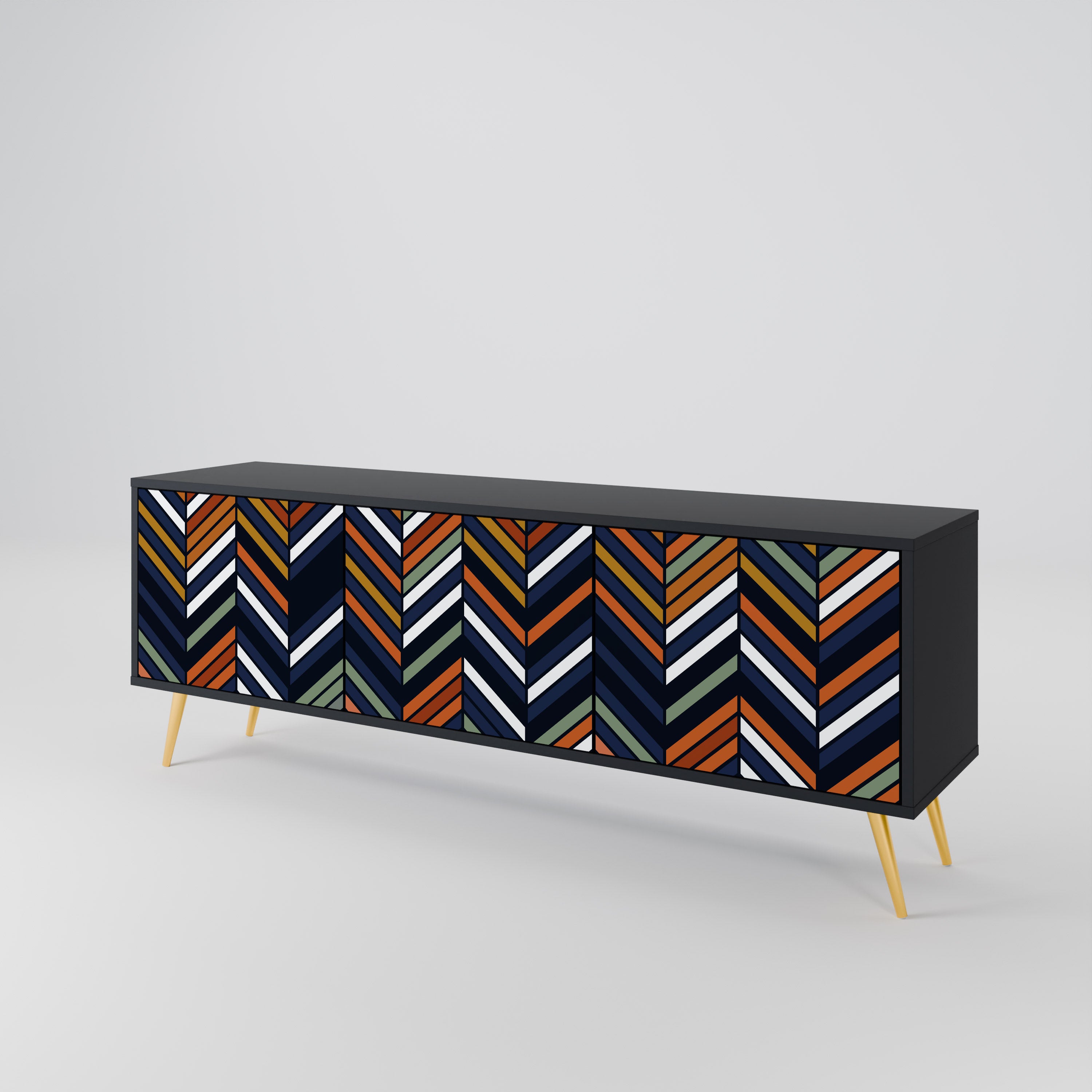 Mueble de TV de 3 puertas con diseño de parches vibrantes en acabado negro