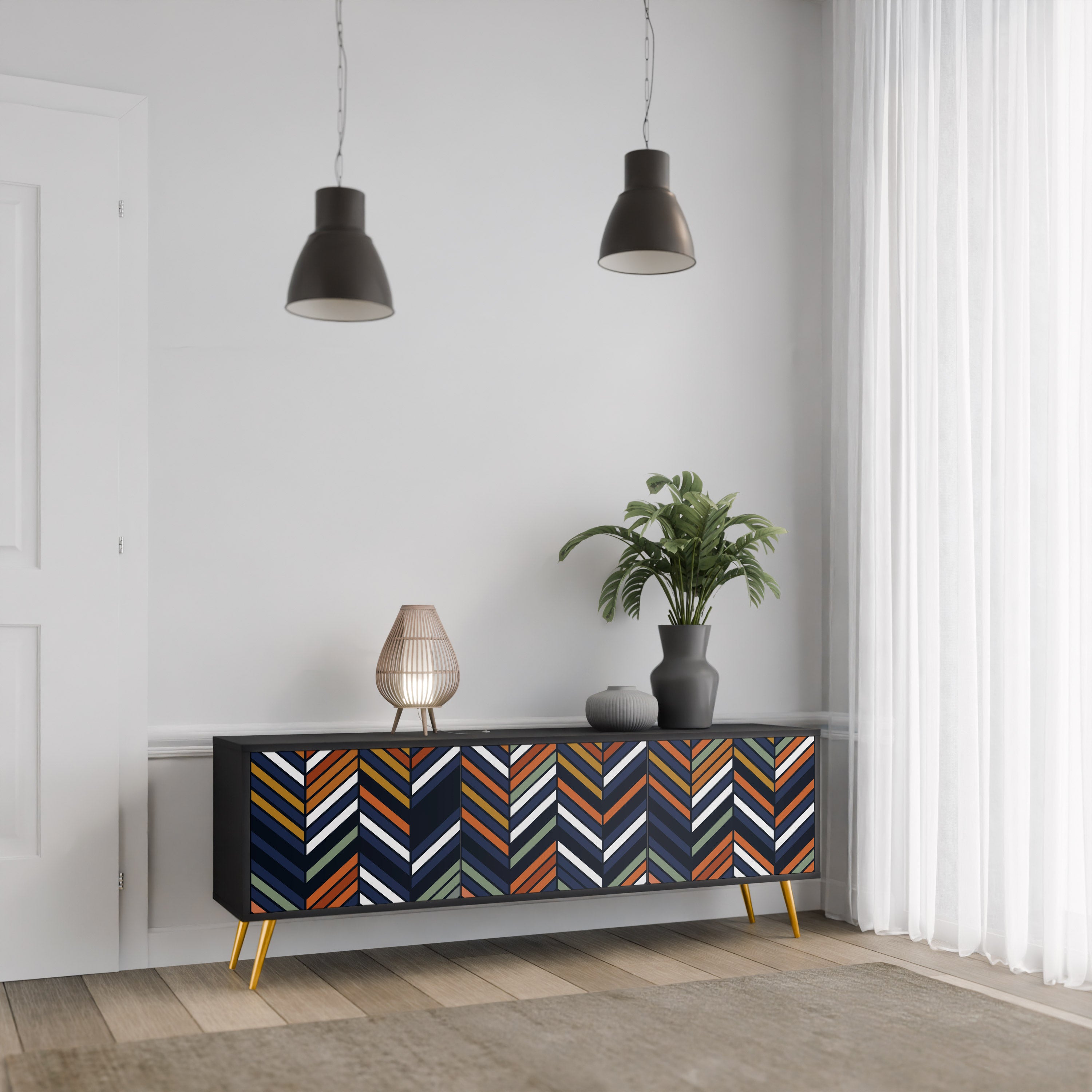 Mueble de TV de 3 puertas con diseño de parches vibrantes en acabado negro