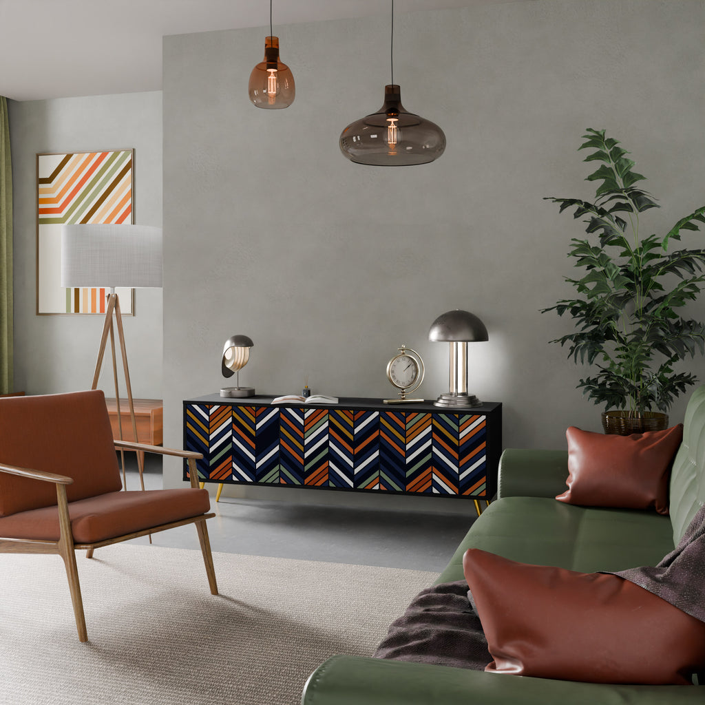 Mueble de TV de 3 puertas con diseño de parches vibrantes en acabado negro