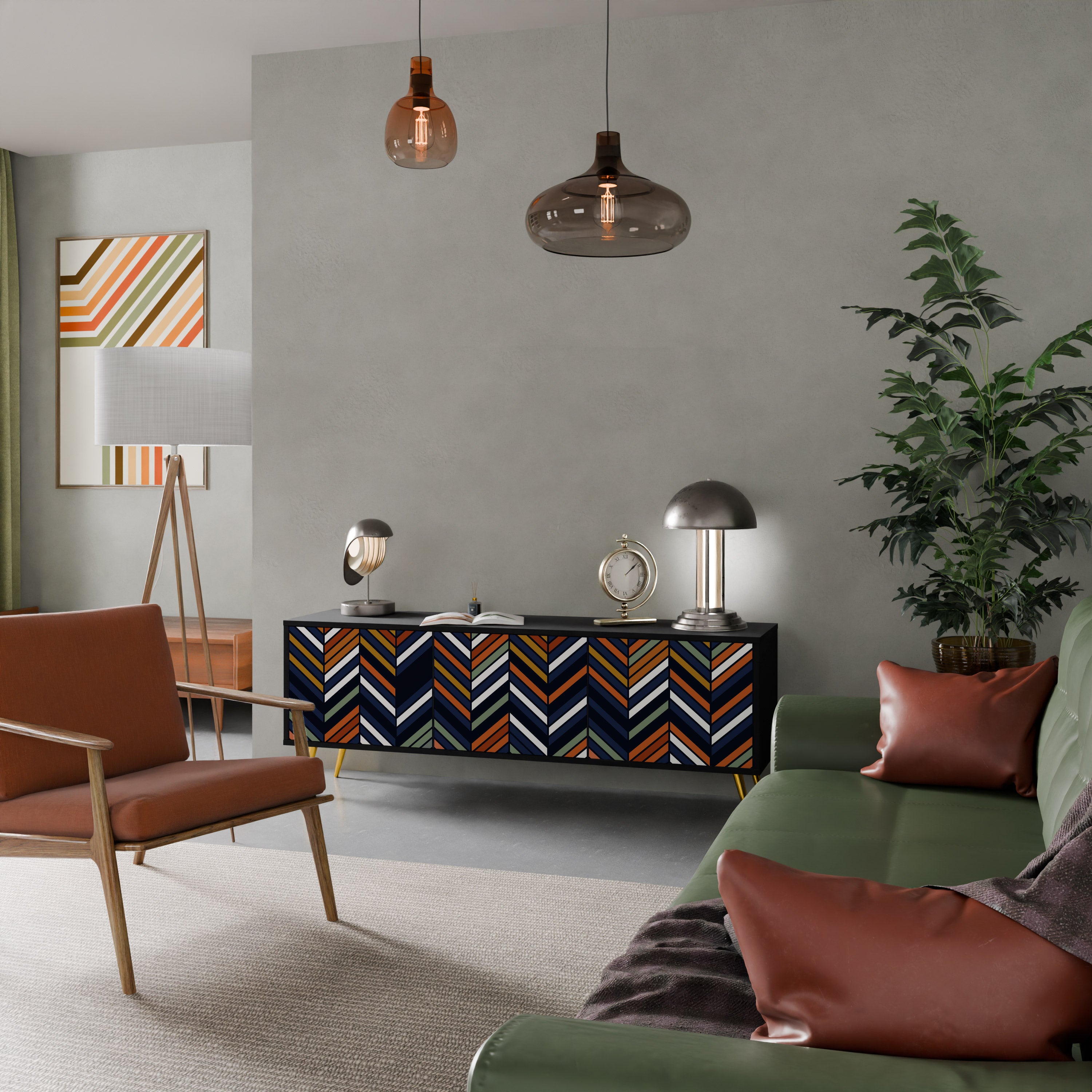 Mueble de TV de 3 puertas con diseño de parches vibrantes en acabado negro