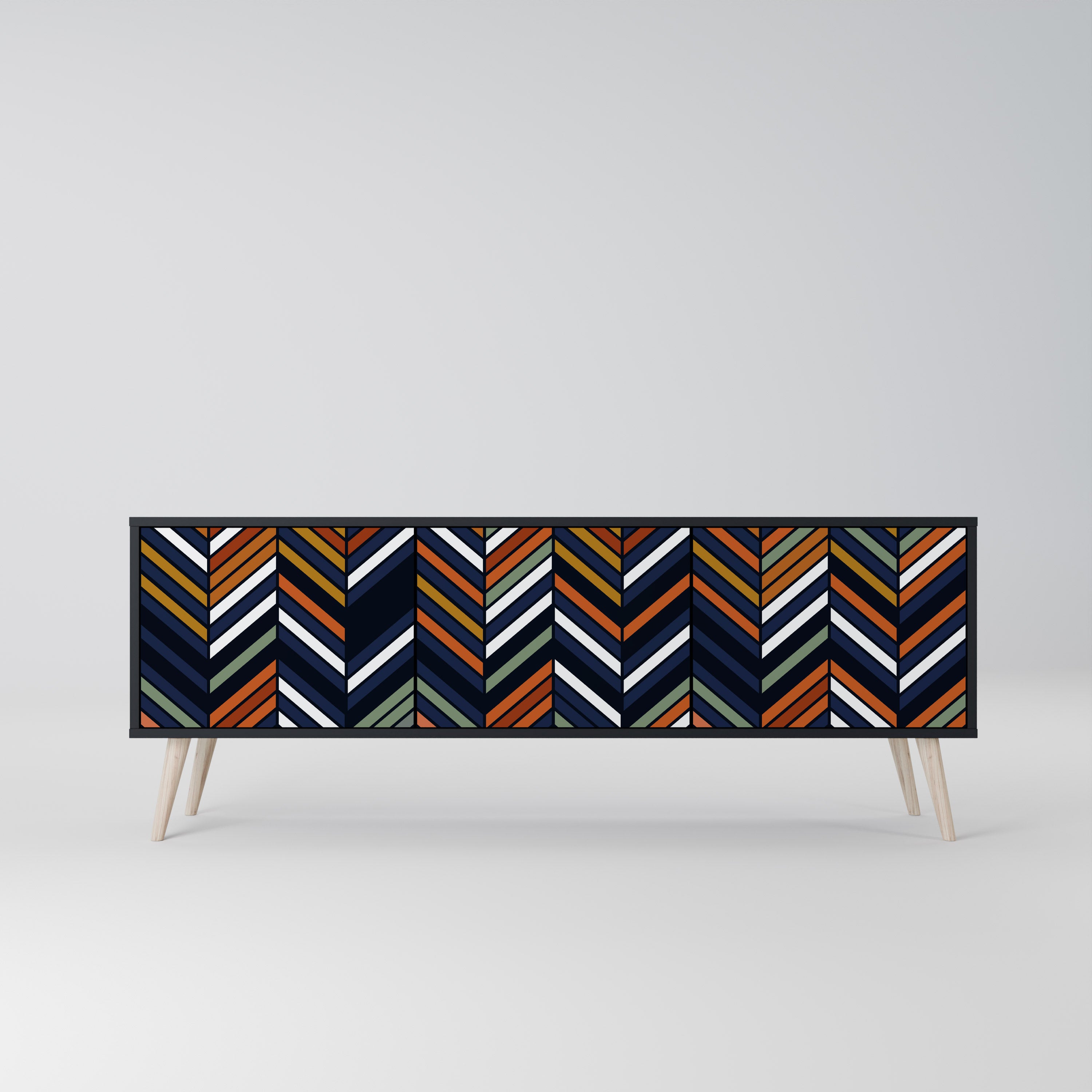 Mueble de TV de 3 puertas con diseño de parches vibrantes en acabado negro