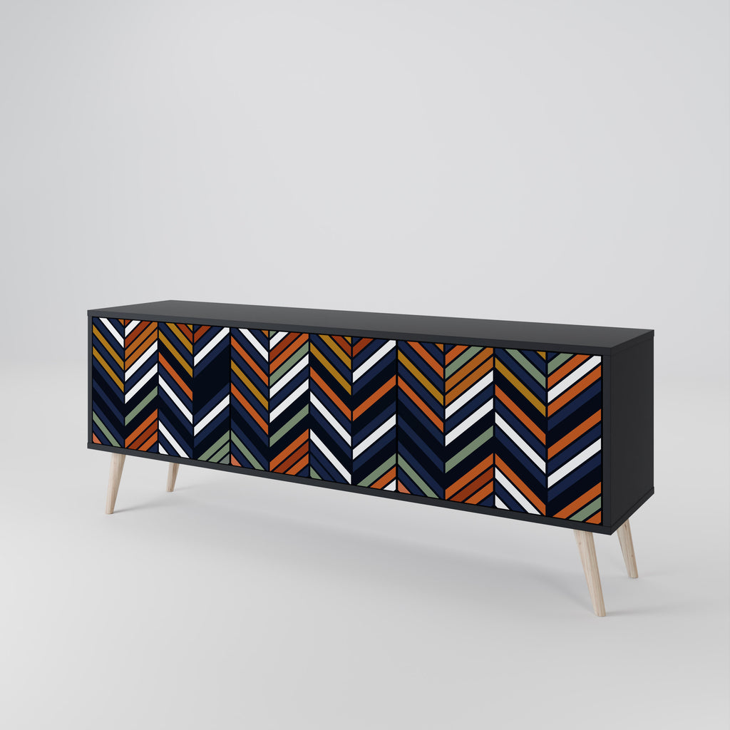 Mueble de TV de 3 puertas con diseño de parches vibrantes en acabado negro