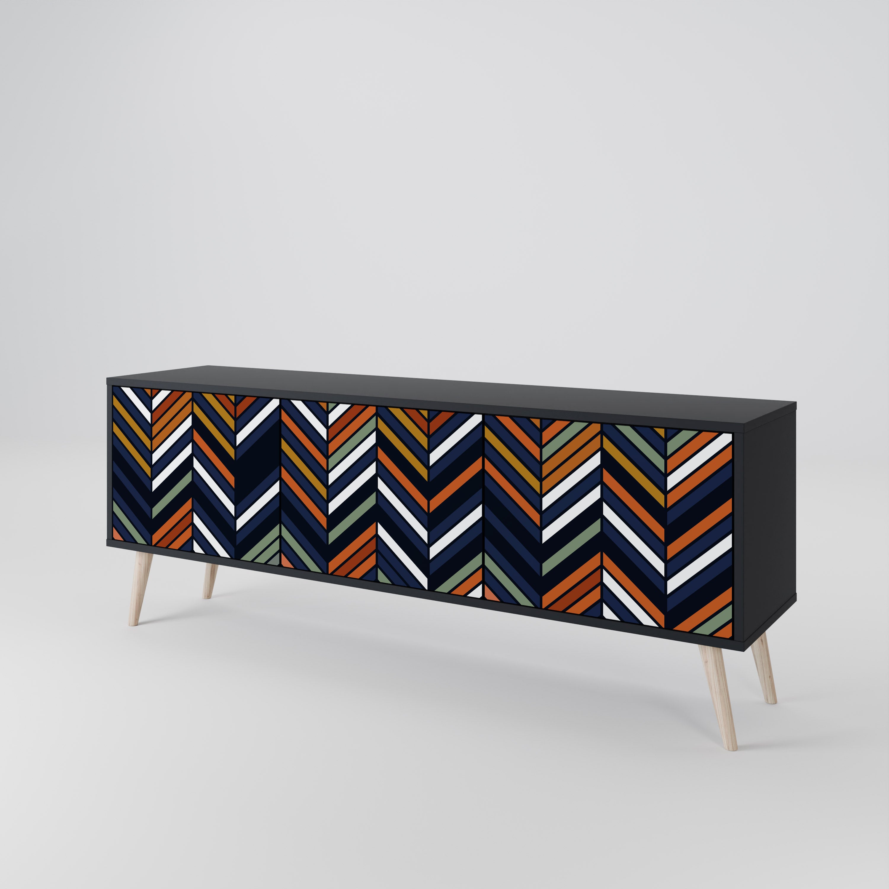 Mueble de TV de 3 puertas con diseño de parches vibrantes en acabado negro