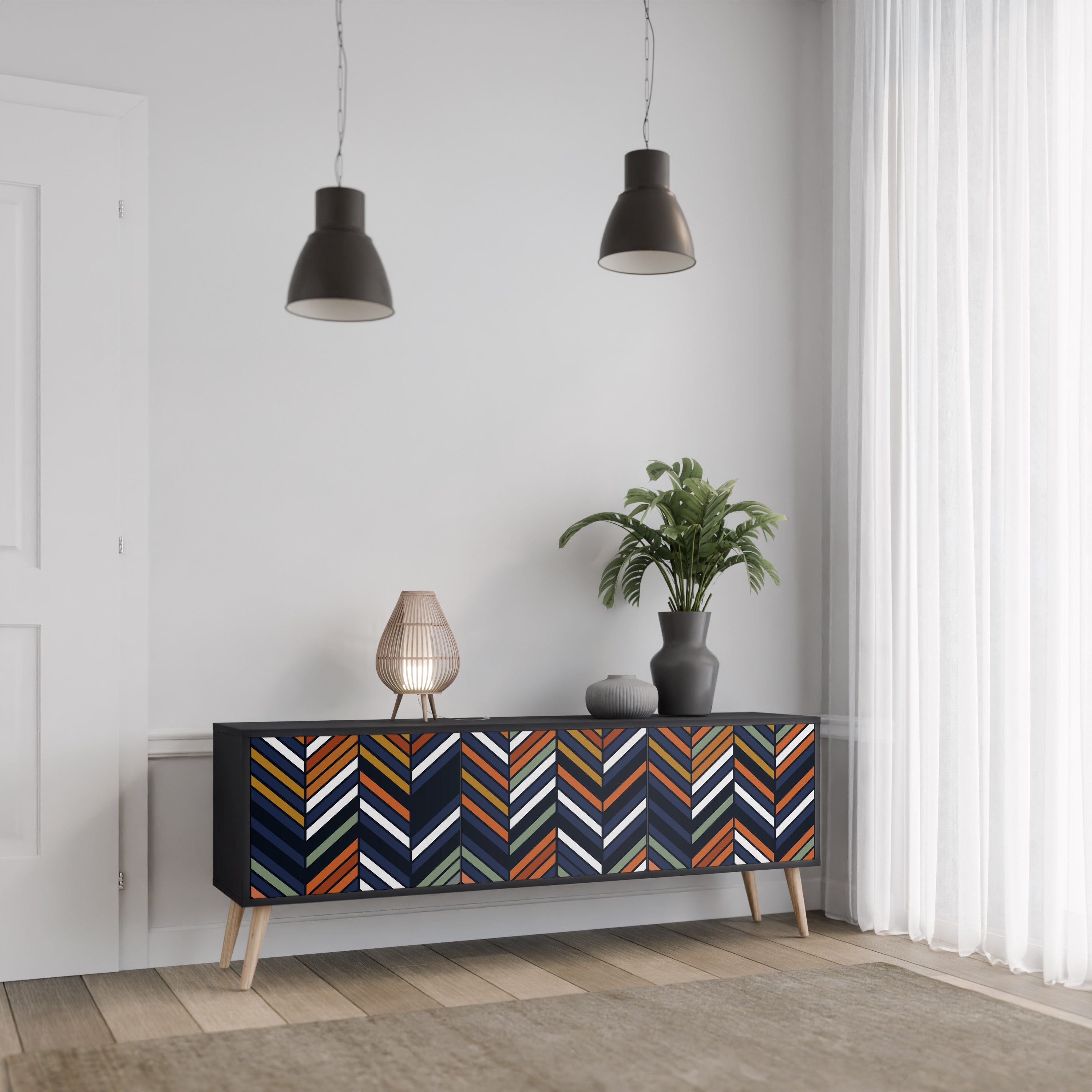 Mueble de TV de 3 puertas con diseño de parches vibrantes en acabado negro