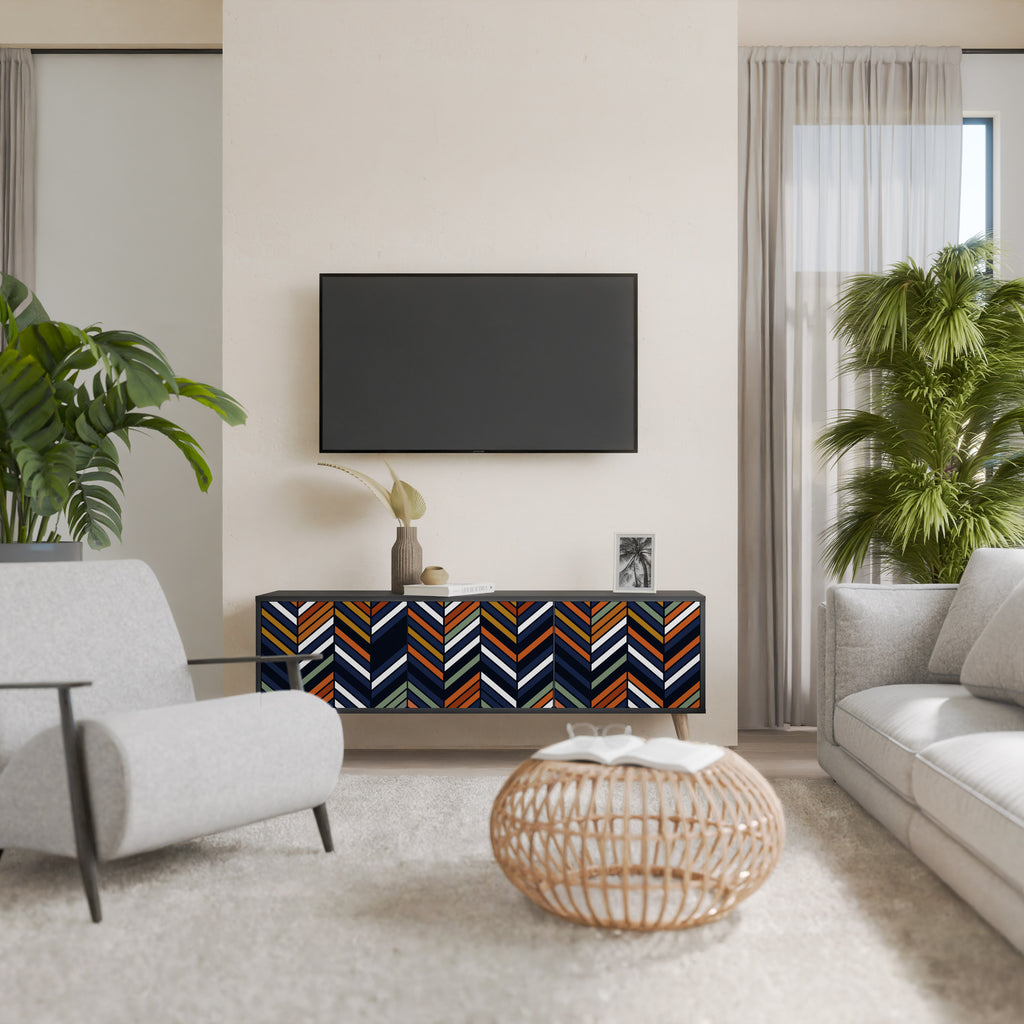 Mueble de TV de 3 puertas con diseño de parches vibrantes en acabado negro