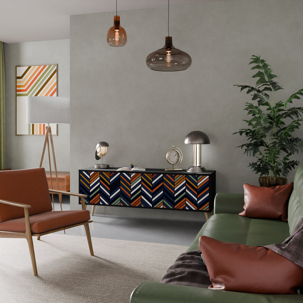 Mueble de TV de 3 puertas con diseño de parches vibrantes en acabado negro