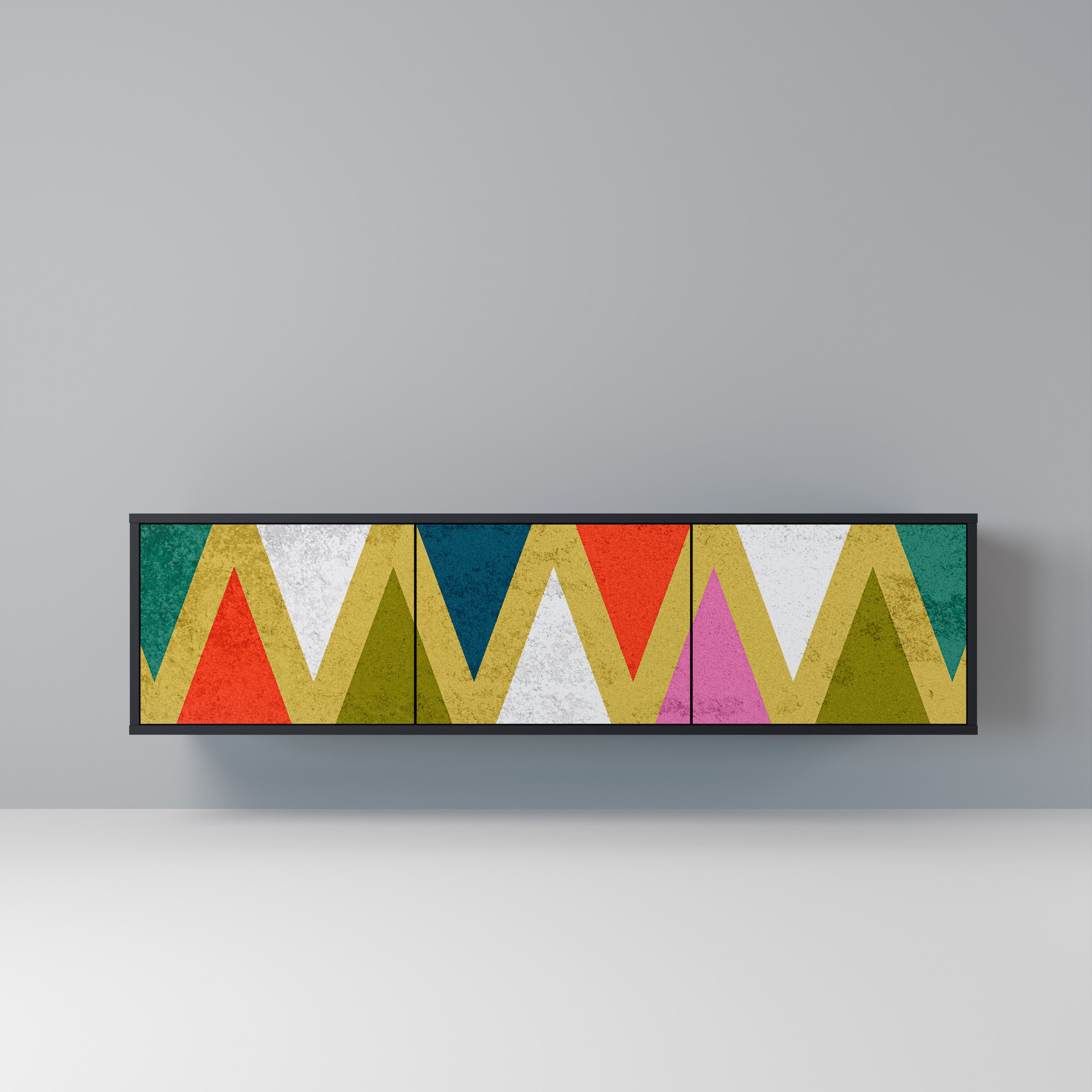 Mueble de TV de 3 puertas COLORFUL TRIANGLES en acabado negro