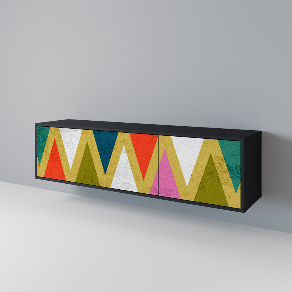 Mueble de TV de 3 puertas COLORFUL TRIANGLES en acabado negro