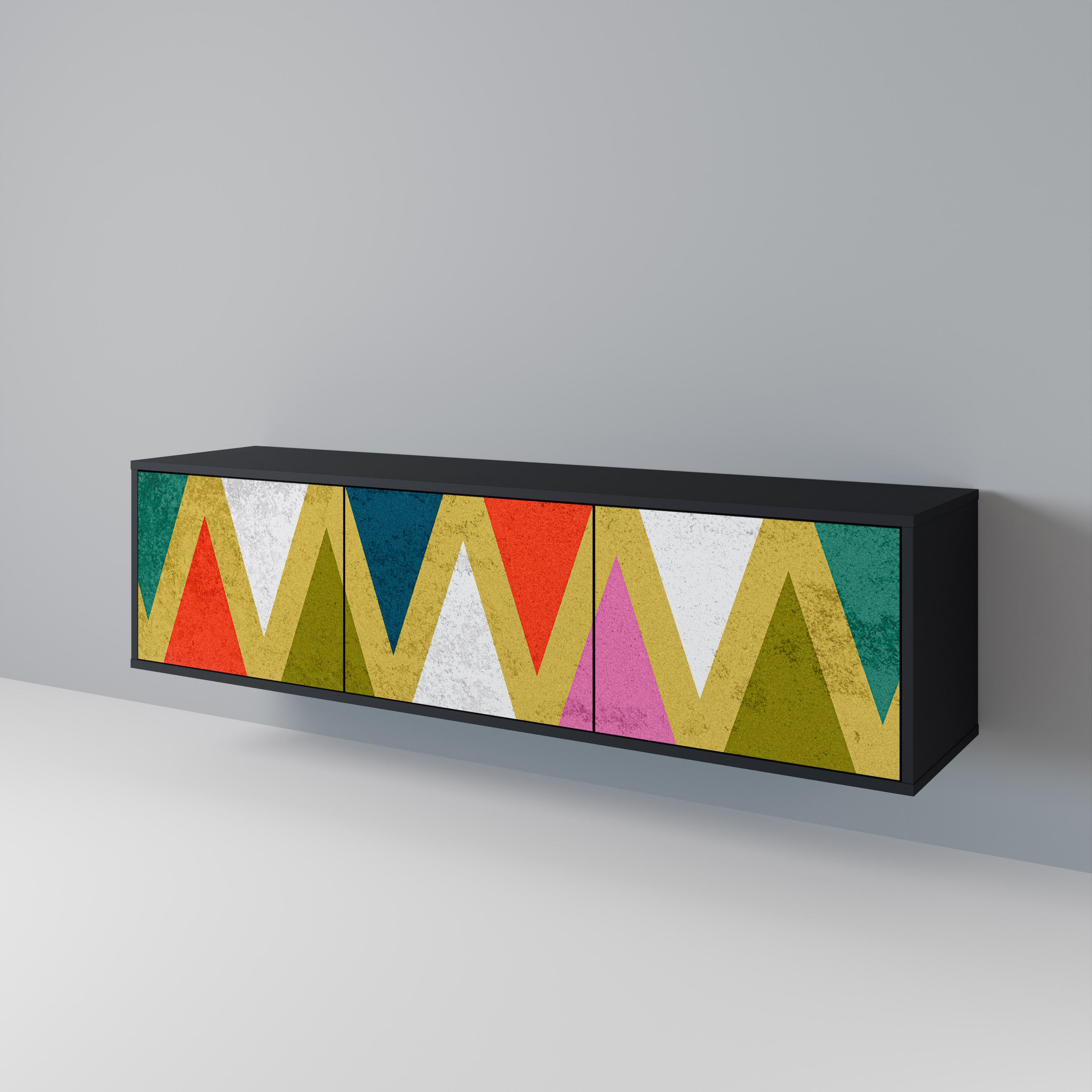 Mueble de TV de 3 puertas COLORFUL TRIANGLES en acabado negro