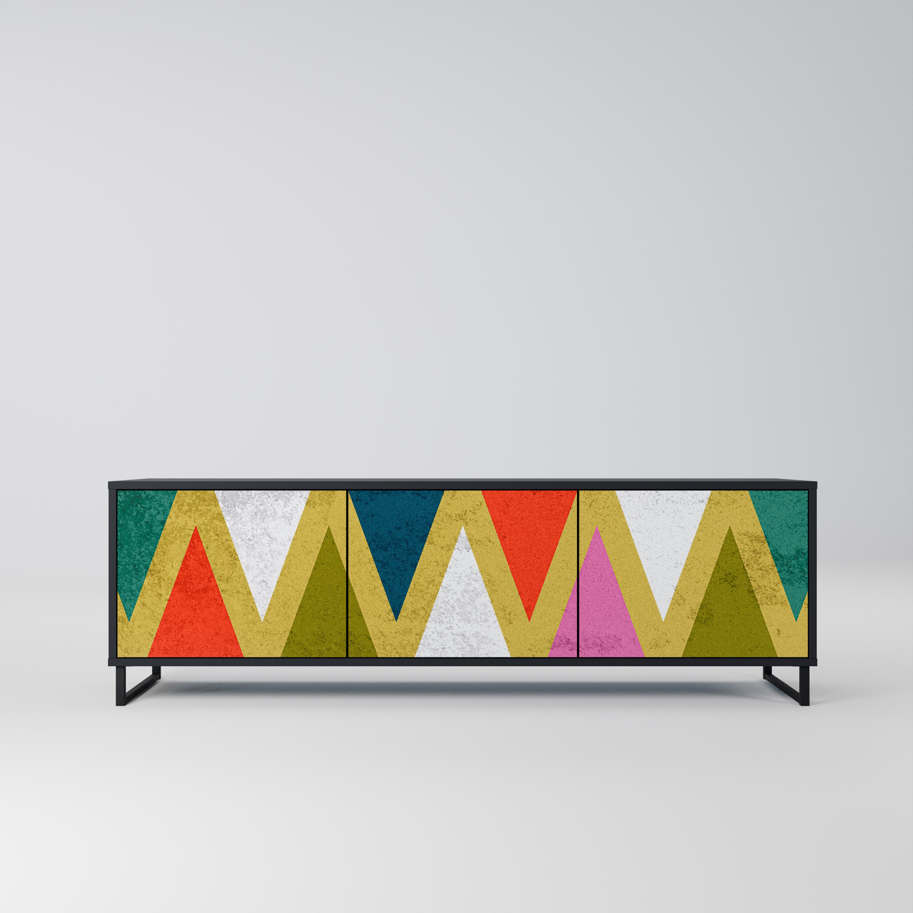 Mueble de TV de 3 puertas COLORFUL TRIANGLES en acabado negro