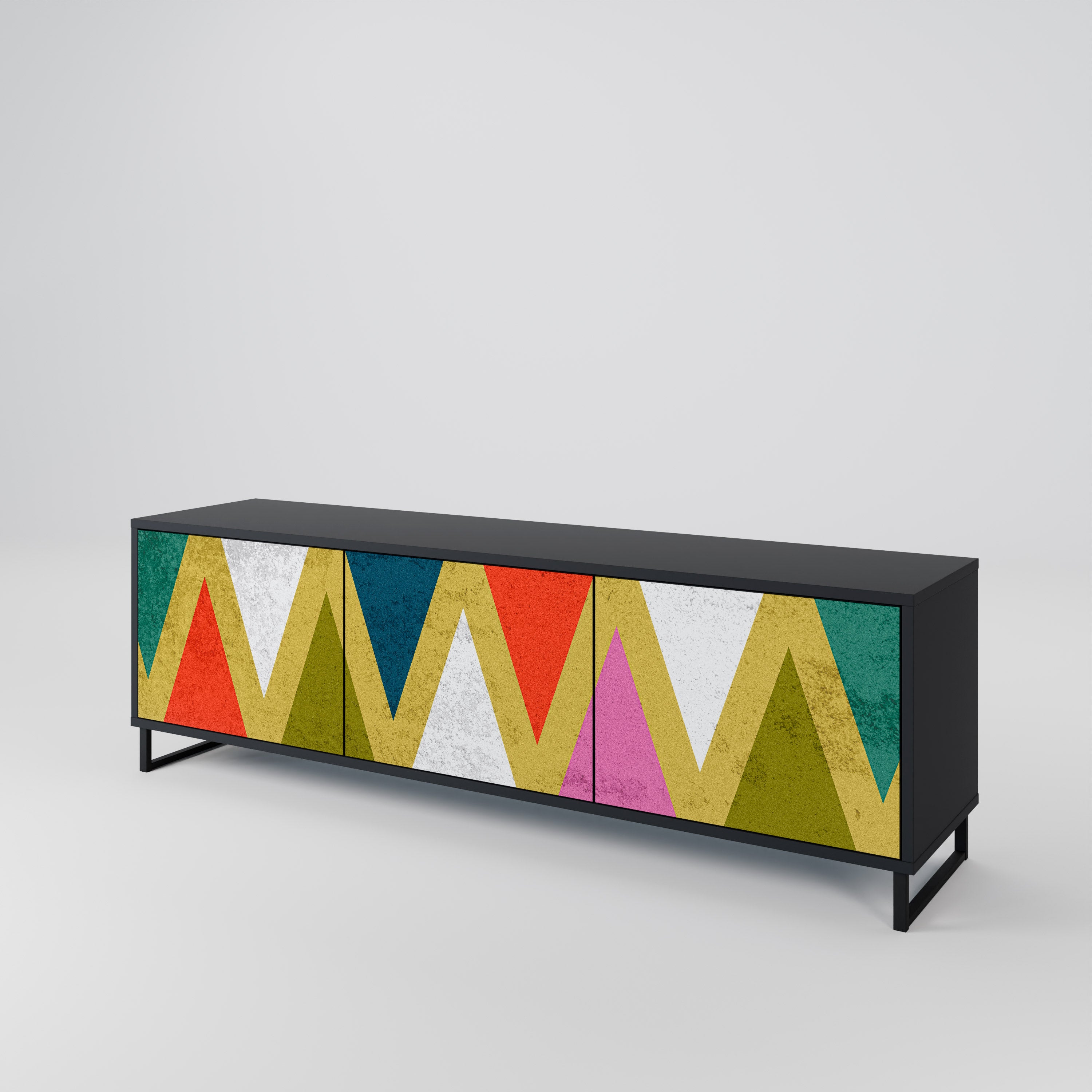 Mueble de TV de 3 puertas COLORFUL TRIANGLES en acabado negro