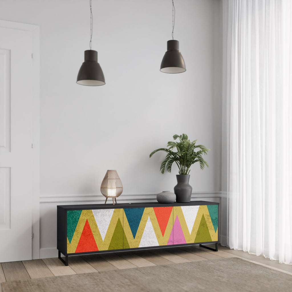 Mueble de TV de 3 puertas COLORFUL TRIANGLES en acabado negro