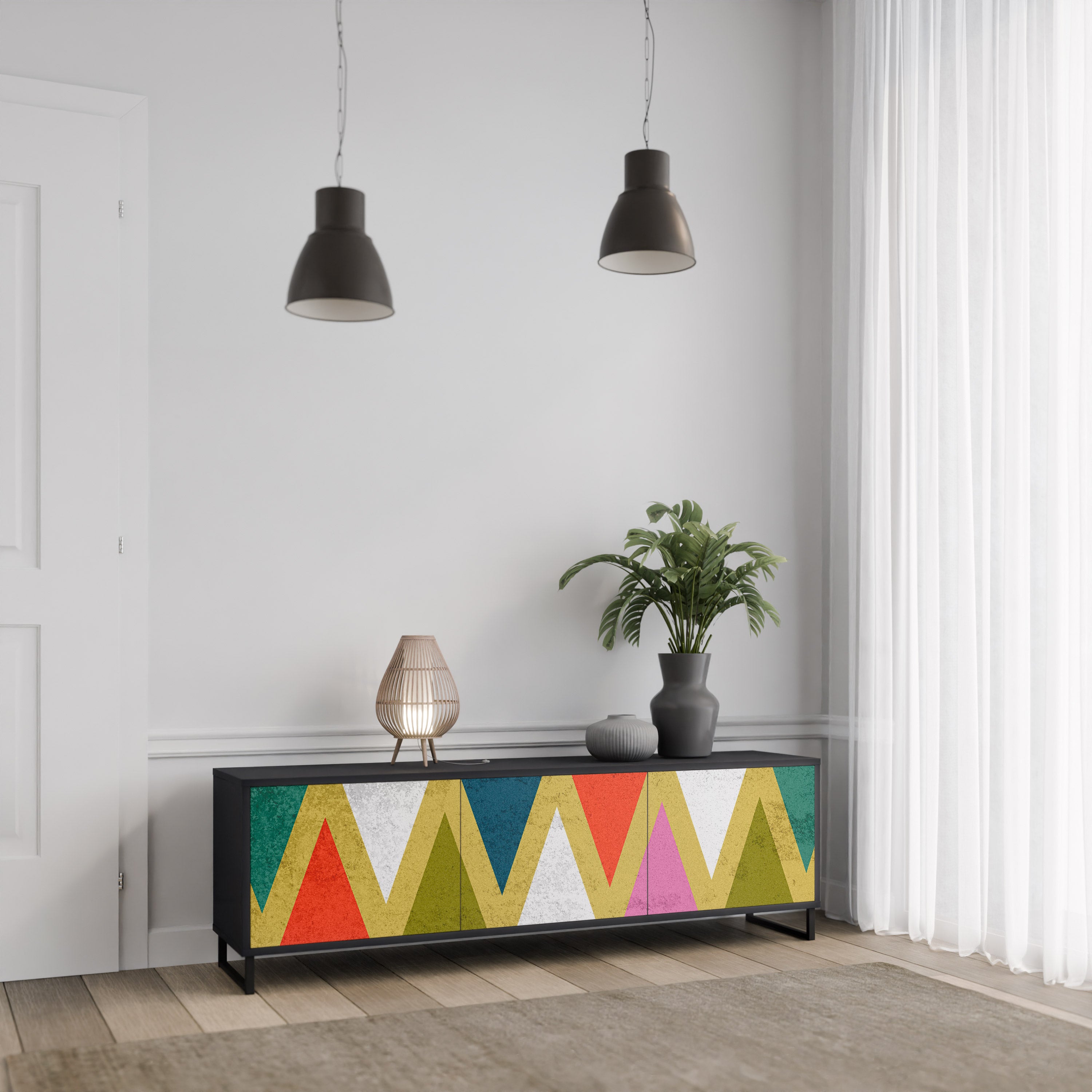 Mueble de TV de 3 puertas COLORFUL TRIANGLES en acabado negro