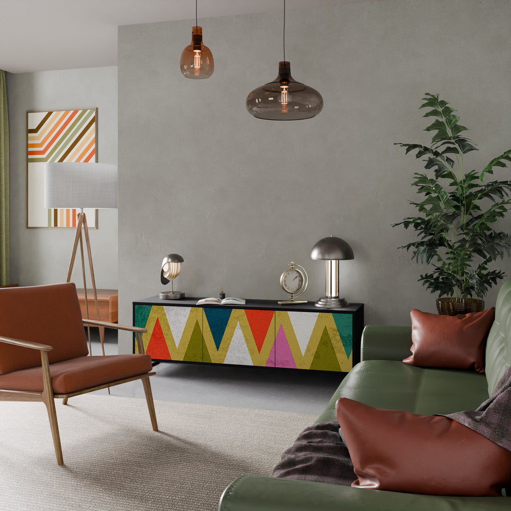 Mueble de TV de 3 puertas COLORFUL TRIANGLES en acabado negro