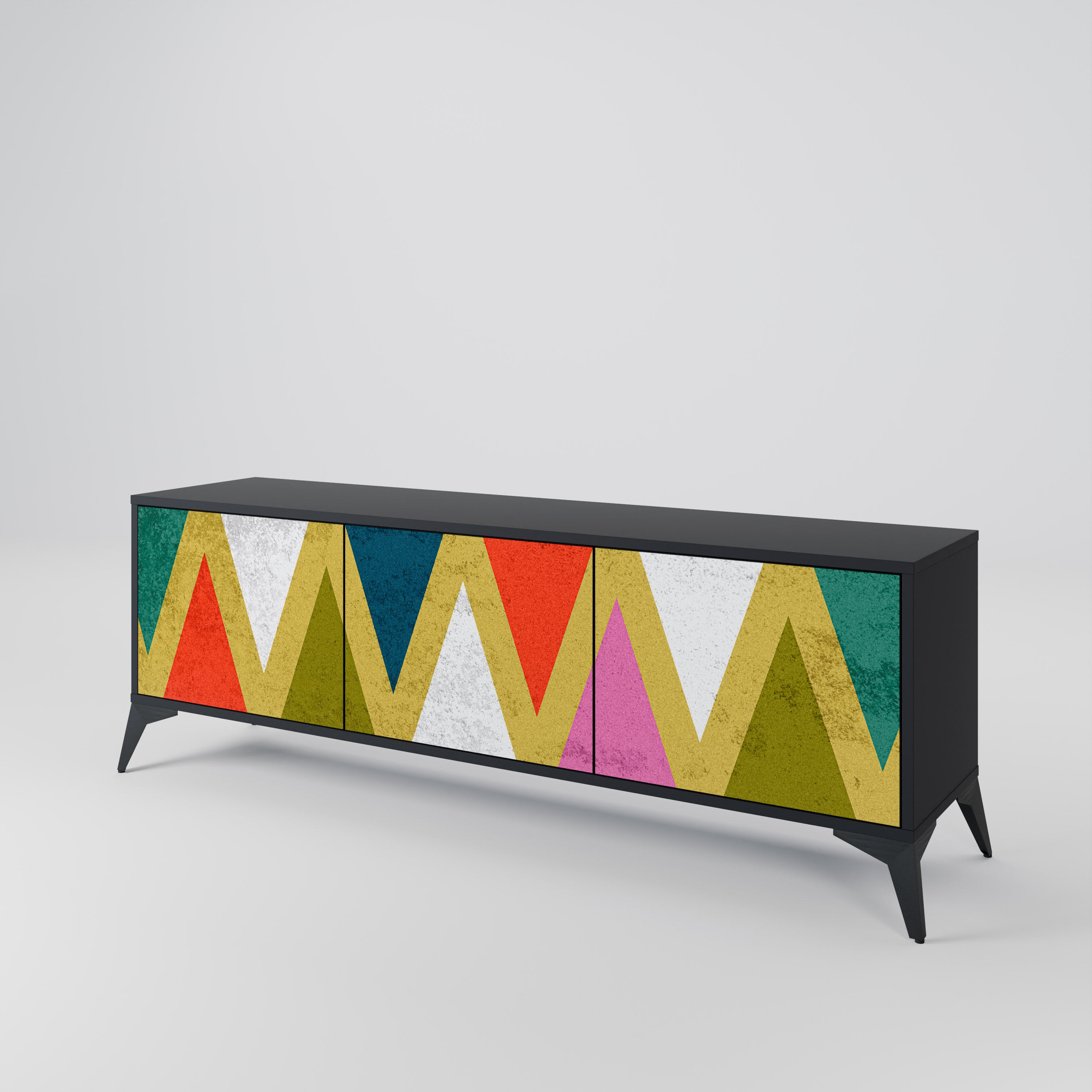 Mueble de TV de 3 puertas COLORFUL TRIANGLES en acabado negro